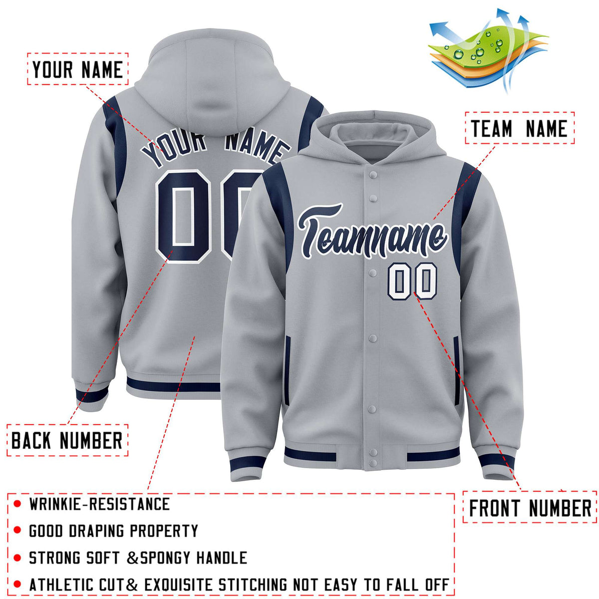 Custom Silver Navy Varsity Full-Snap Letterman Shoulder Color Block Jacket Hoodie| KXKSHOP