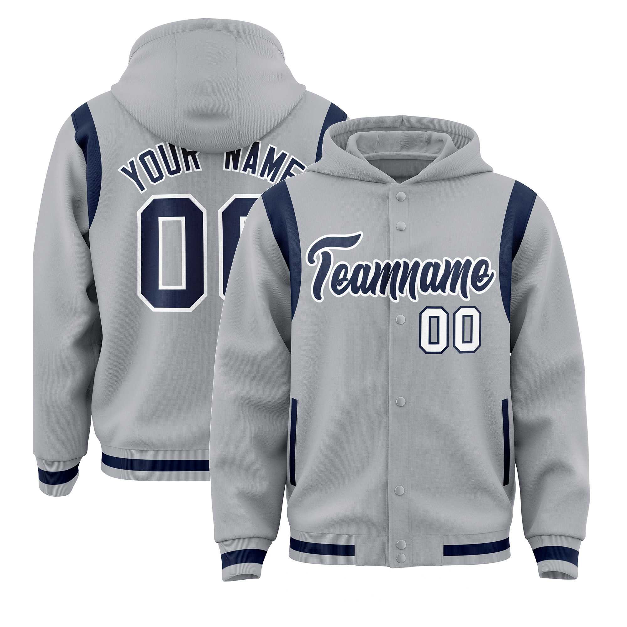 Custom Silver Navy Varsity Full-Snap Letterman Shoulder Color Block Jacket Hoodie| KXKSHOP