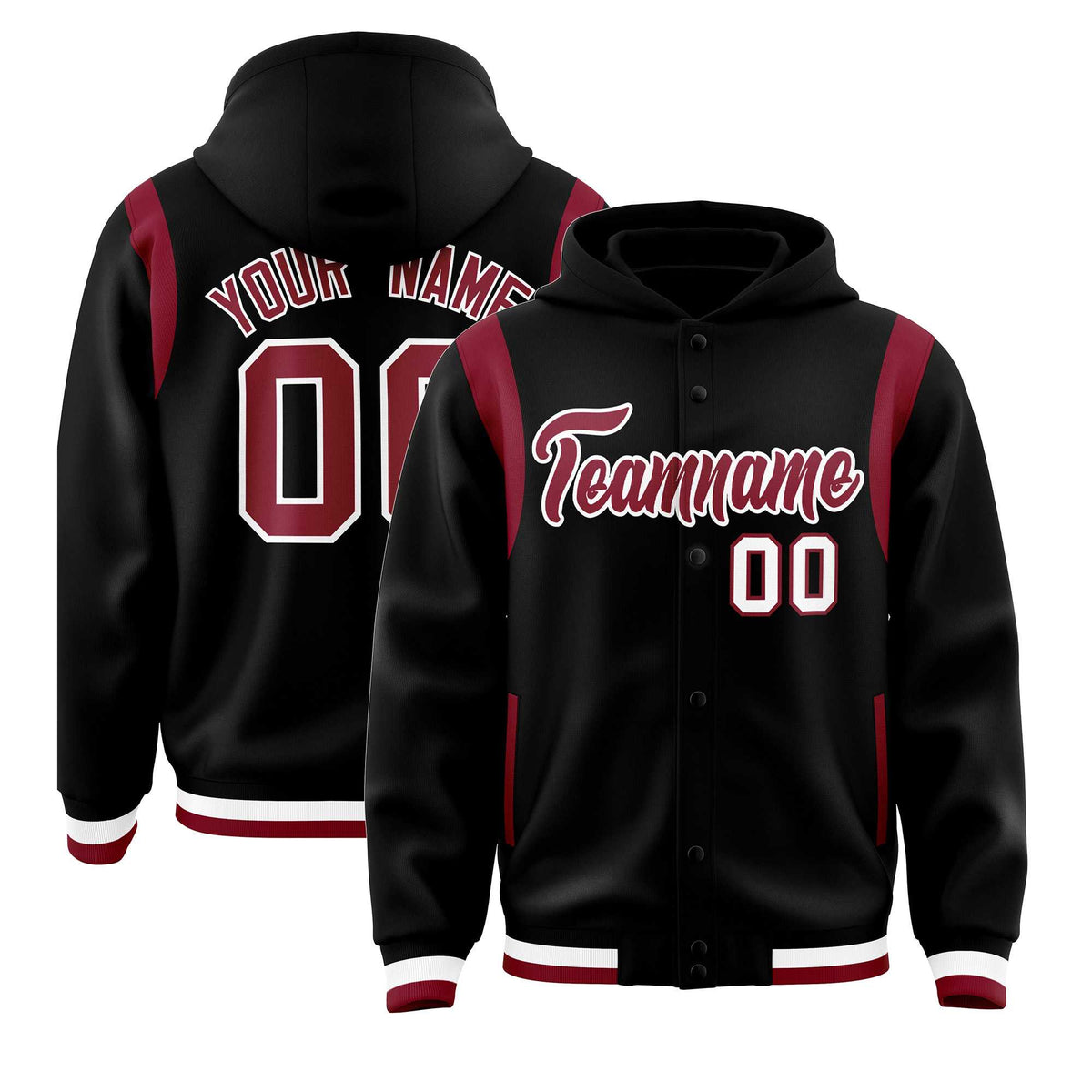Custom Black Crimson Varsity Full-Snap Letterman Shoulder Color Block Jacket Hoodie| KXKSHOP