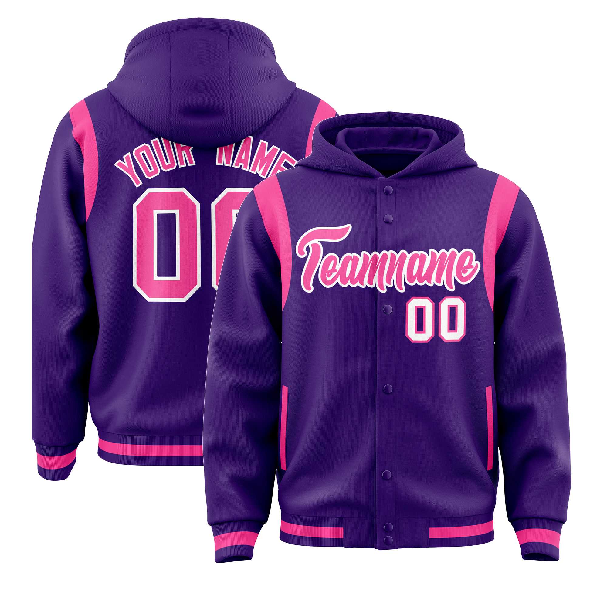 Custom Purple Pink Varsity Full-Snap Letterman Shoulder Color Block Jacket Hoodie| KXKSHOP