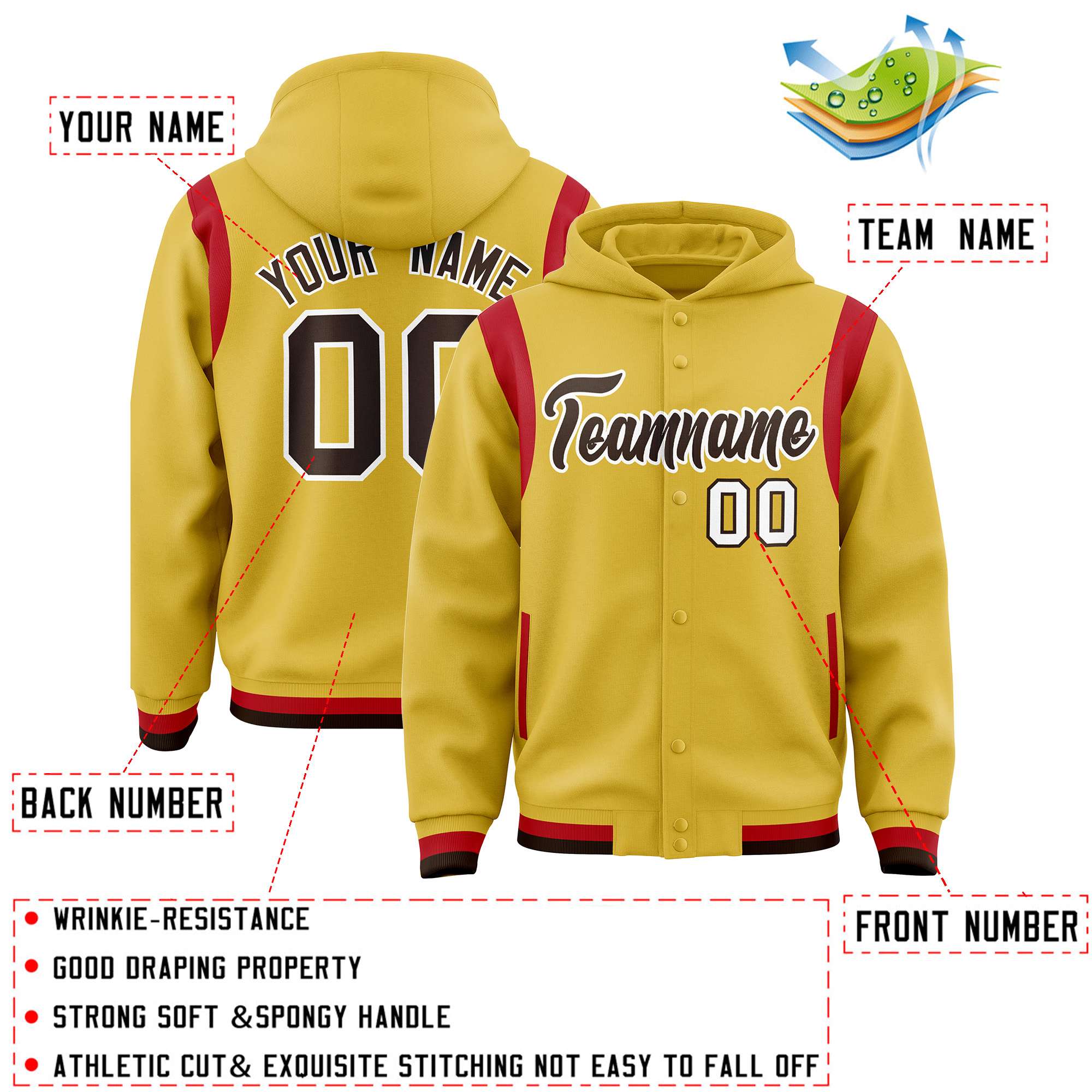 Custom Old Gold Brown Varsity Full-Snap Letterman Shoulder Color Block Jacket Hoodie| KXKSHOP