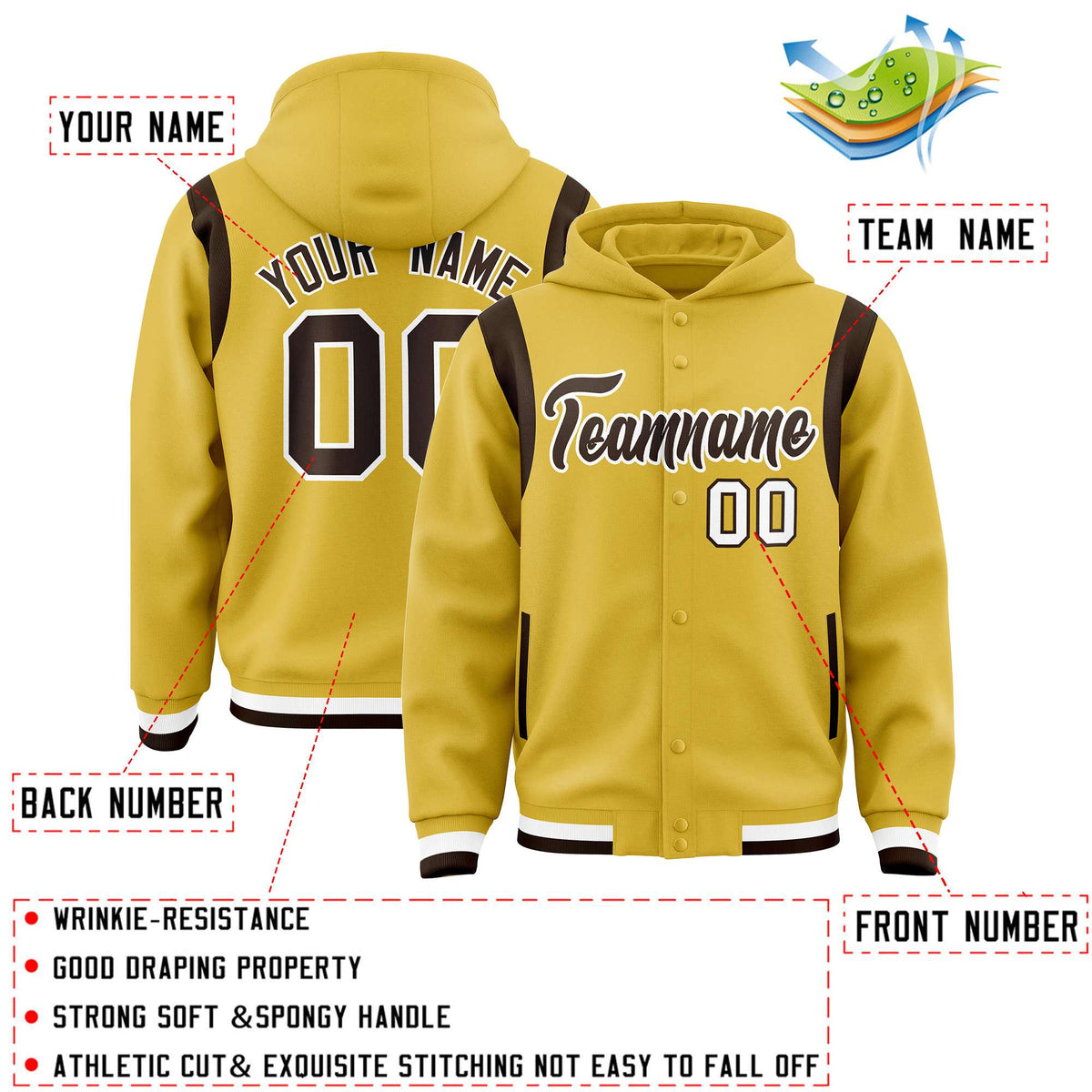 Custom Old Gold Brown Varsity Full-Snap Letterman Shoulder Color Block Jacket Hoodie| KXKSHOP