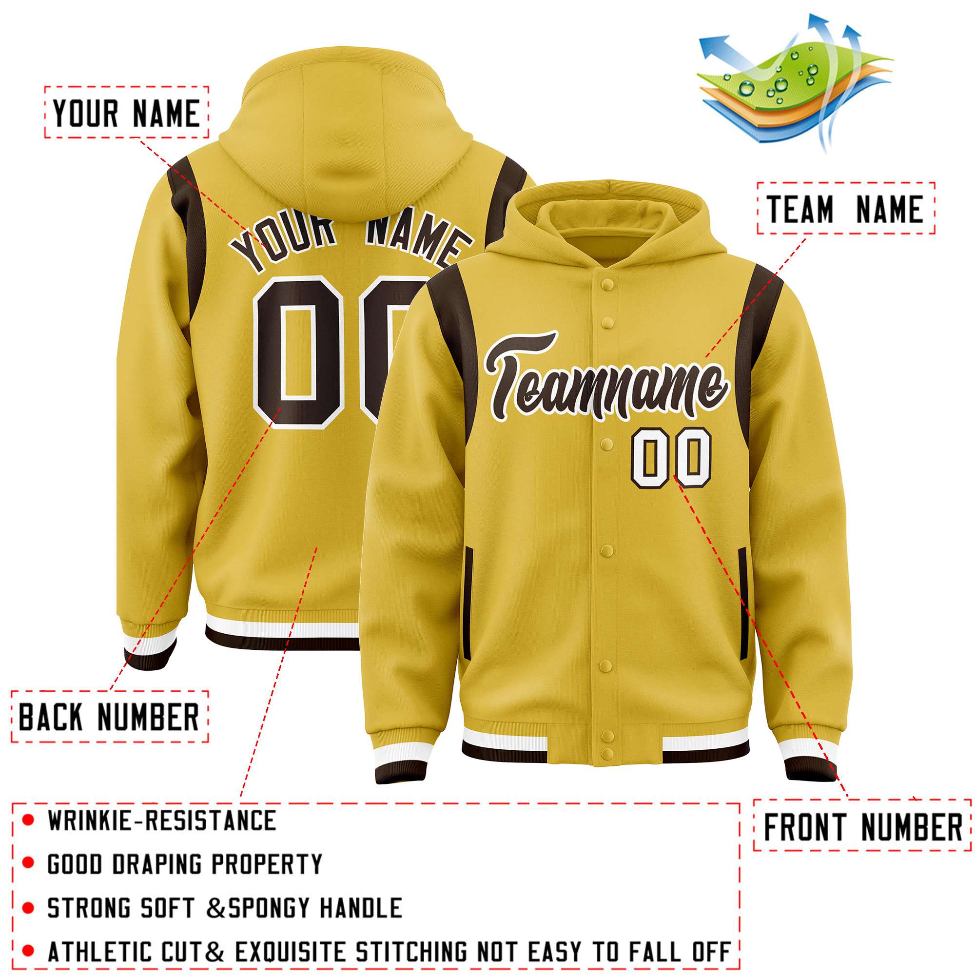 Custom Old Gold Brown Varsity Full-Snap Letterman Shoulder Color Block Jacket Hoodie| KXKSHOP