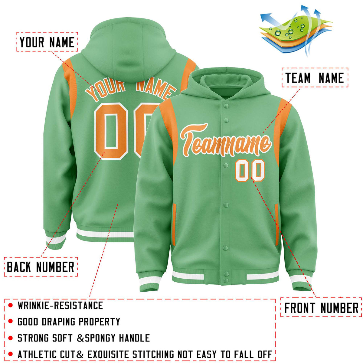 Custom Light Green Orange Varsity Full-Snap Letterman Shoulder Color Block Jacket Hoodie| KXKSHOP