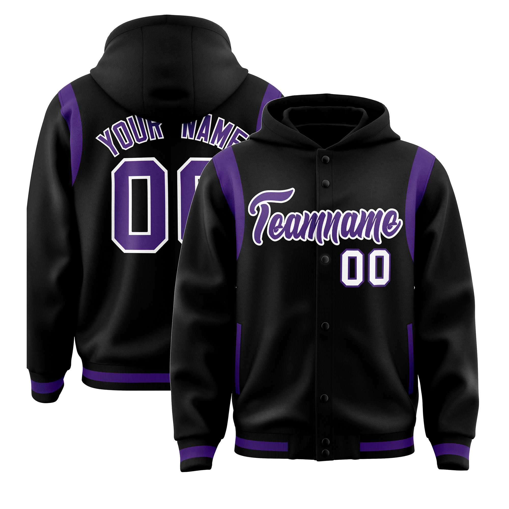 Custom Black Purple Varsity Full-Snap Letterman Shoulder Color Block Jacket Hoodie| KXKSHOP