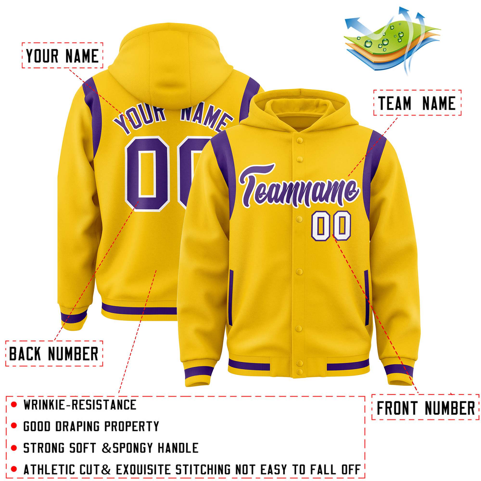Custom Gold Purple Varsity Full-Snap Letterman Shoulder Color Block Jacket Hoodie| KXKSHOP