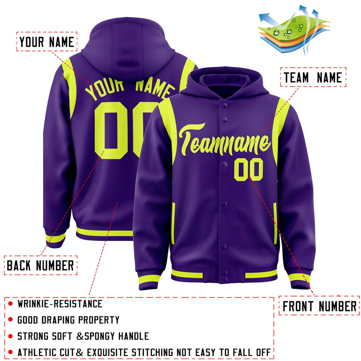Custom Purple Fluorescent Green Varsity Full-Snap Letterman Shoulder Color Block Jacket Hoodie| KXKSHOP
