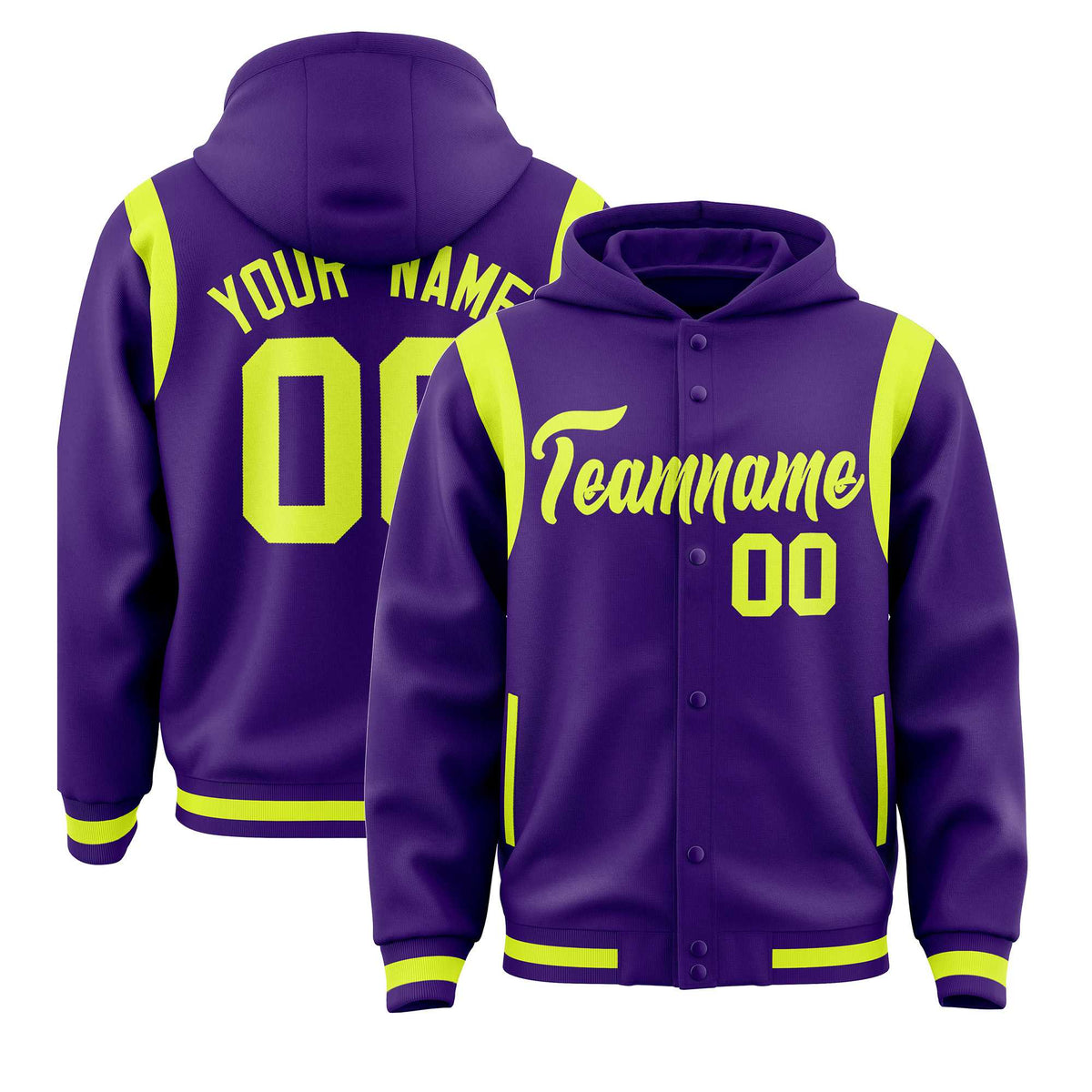 Custom Purple Fluorescent Green Varsity Full-Snap Letterman Shoulder Color Block Jacket Hoodie| KXKSHOP