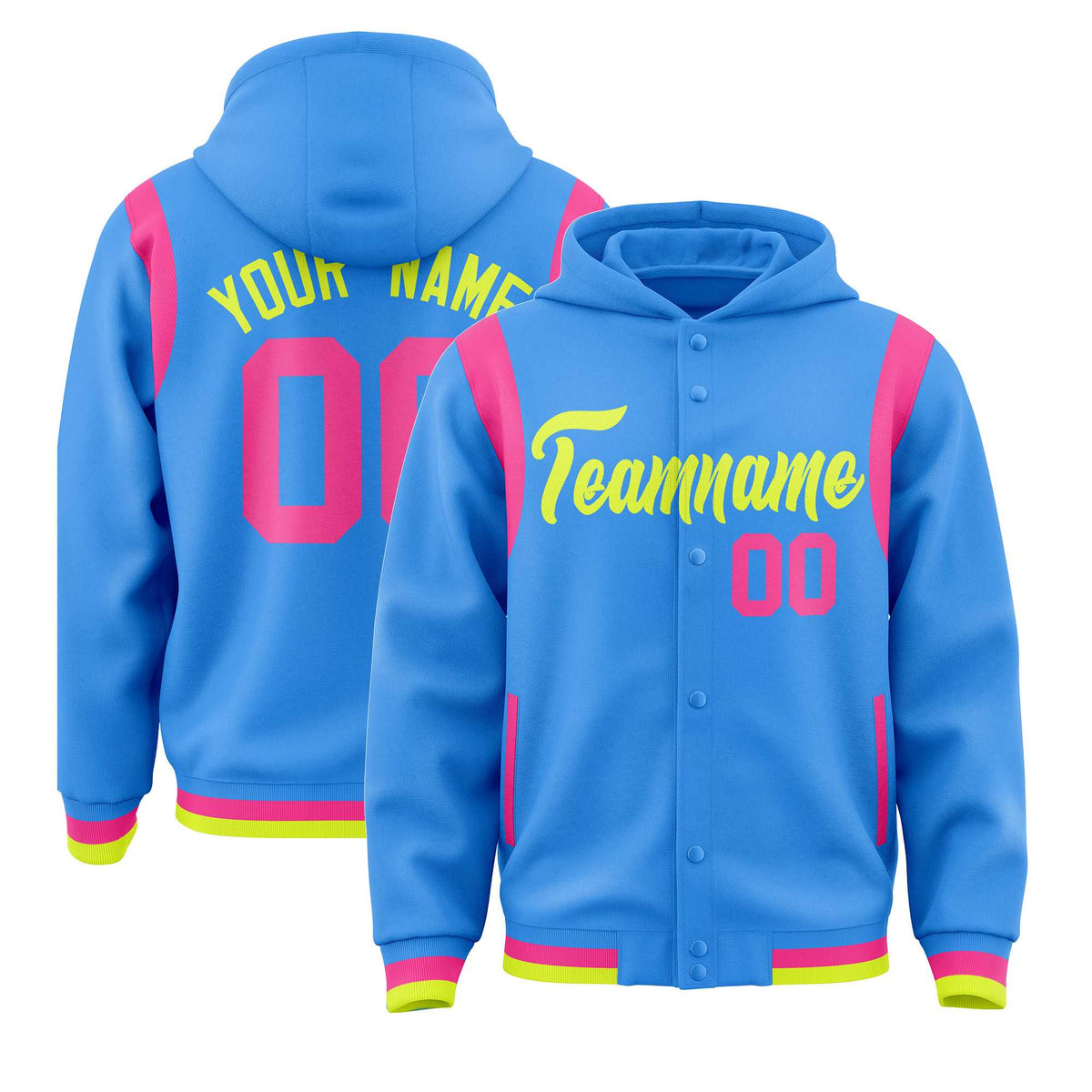 Custom Powder Blue Fluorescent Green Varsity Full-Snap Letterman Shoulder Color Block Jacket Hoodie| KXKSHOP