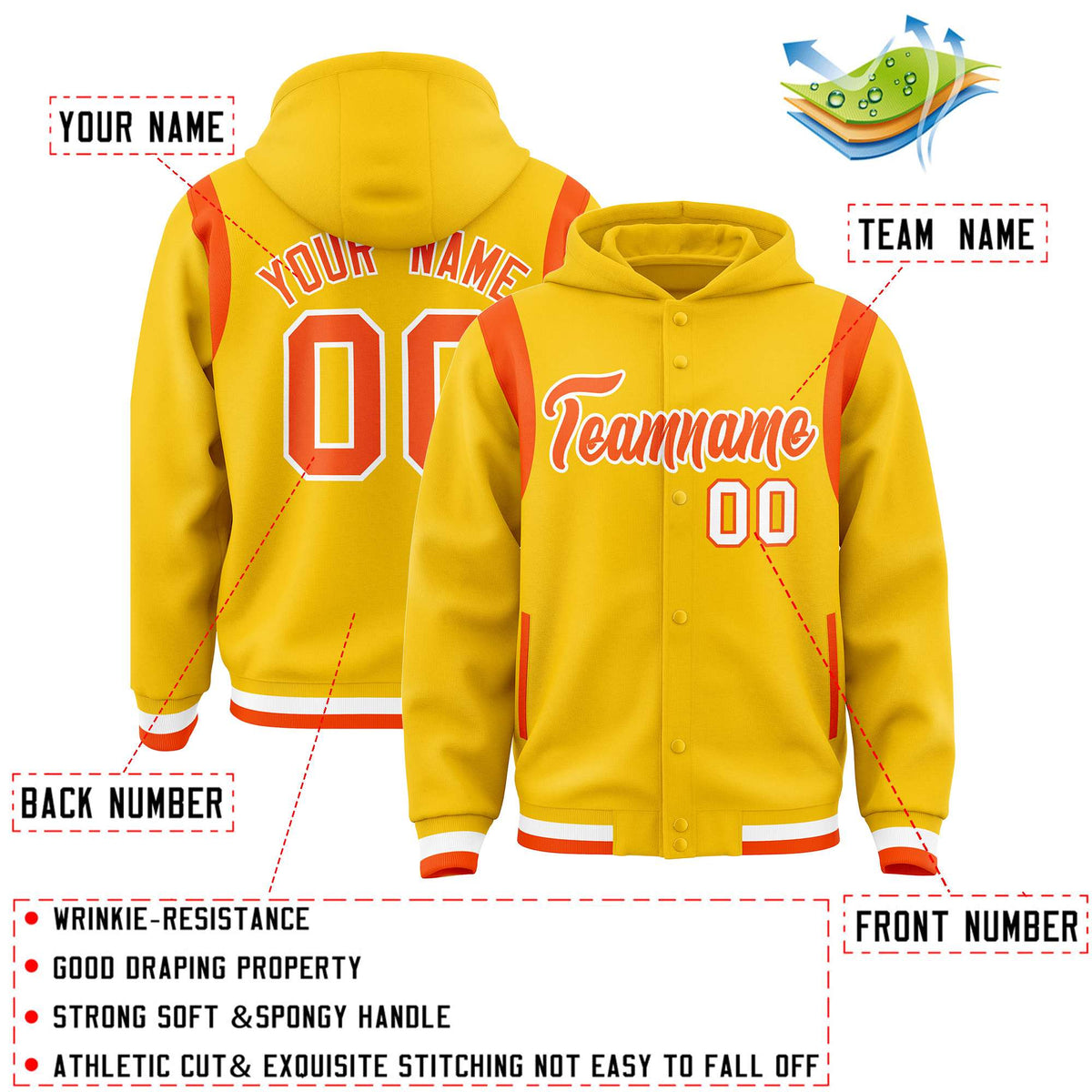 Custom Gold Orange Varsity Full-Snap Letterman Shoulder Color Block Jacket Hoodie| KXKSHOP