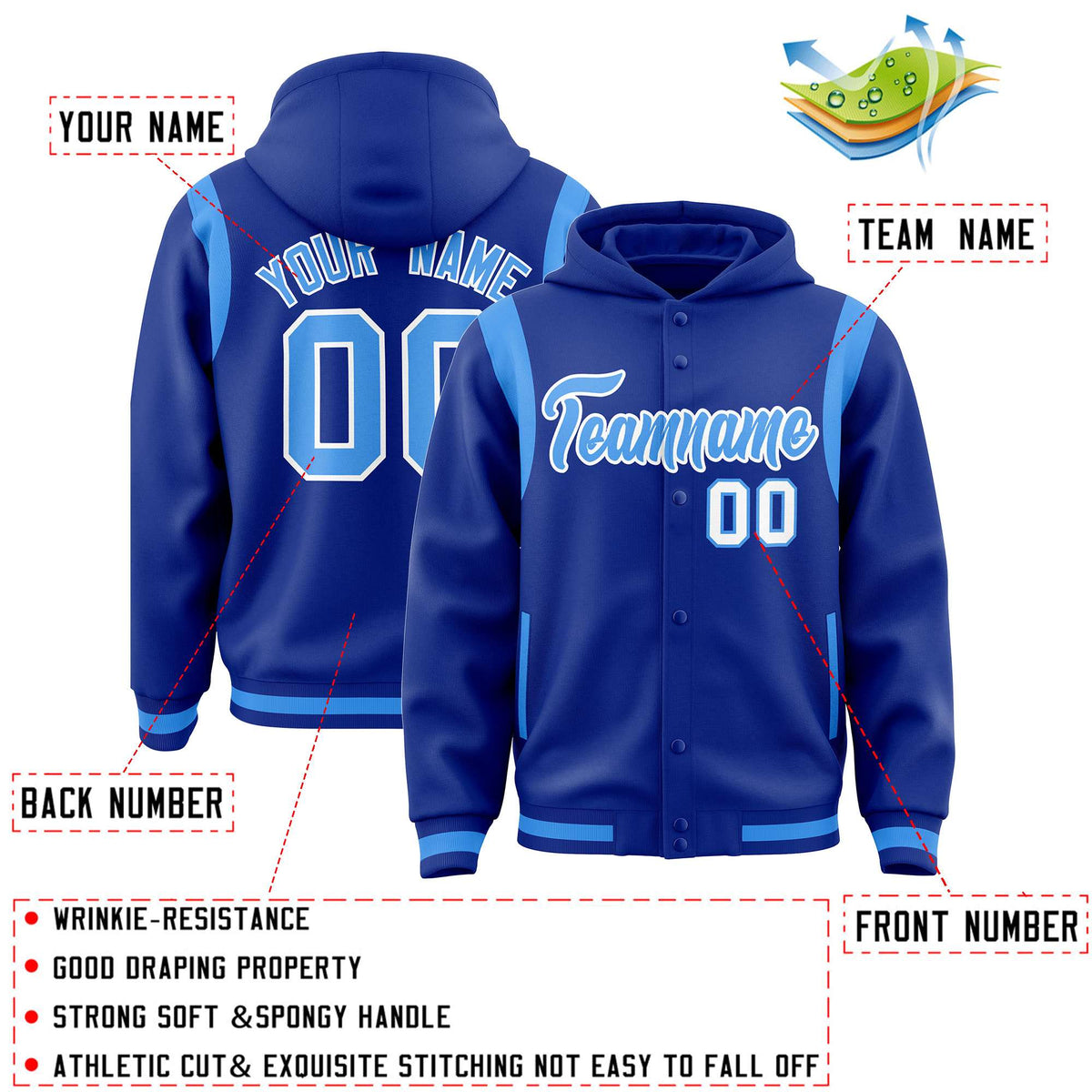 Custom Royal Powder Blue Varsity Full-Snap Letterman Shoulder Color Block Jacket Hoodie| KXKSHOP