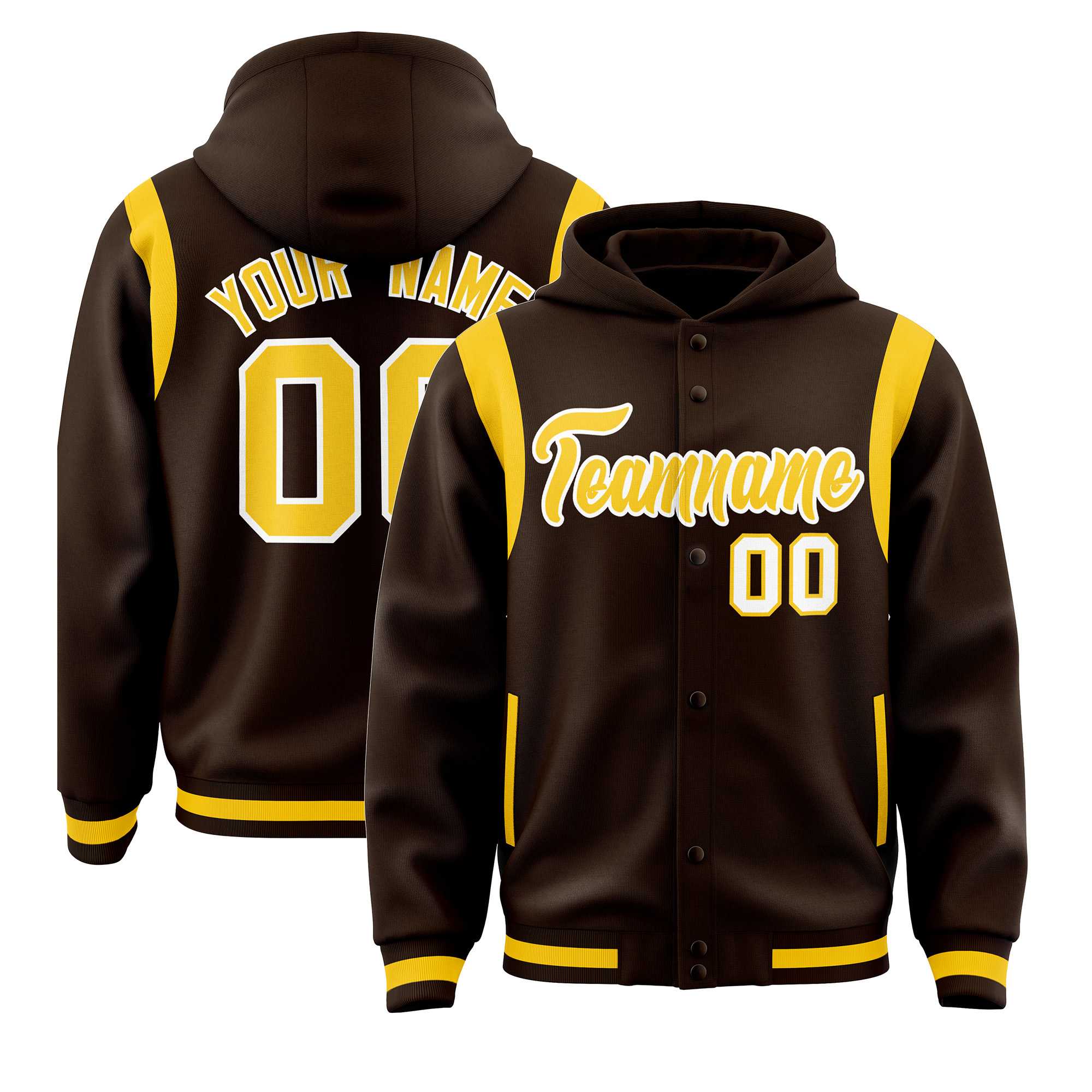 Custom Brown Gold Varsity Full-Snap Letterman Shoulder Color Block Jacket Hoodie| KXKSHOP