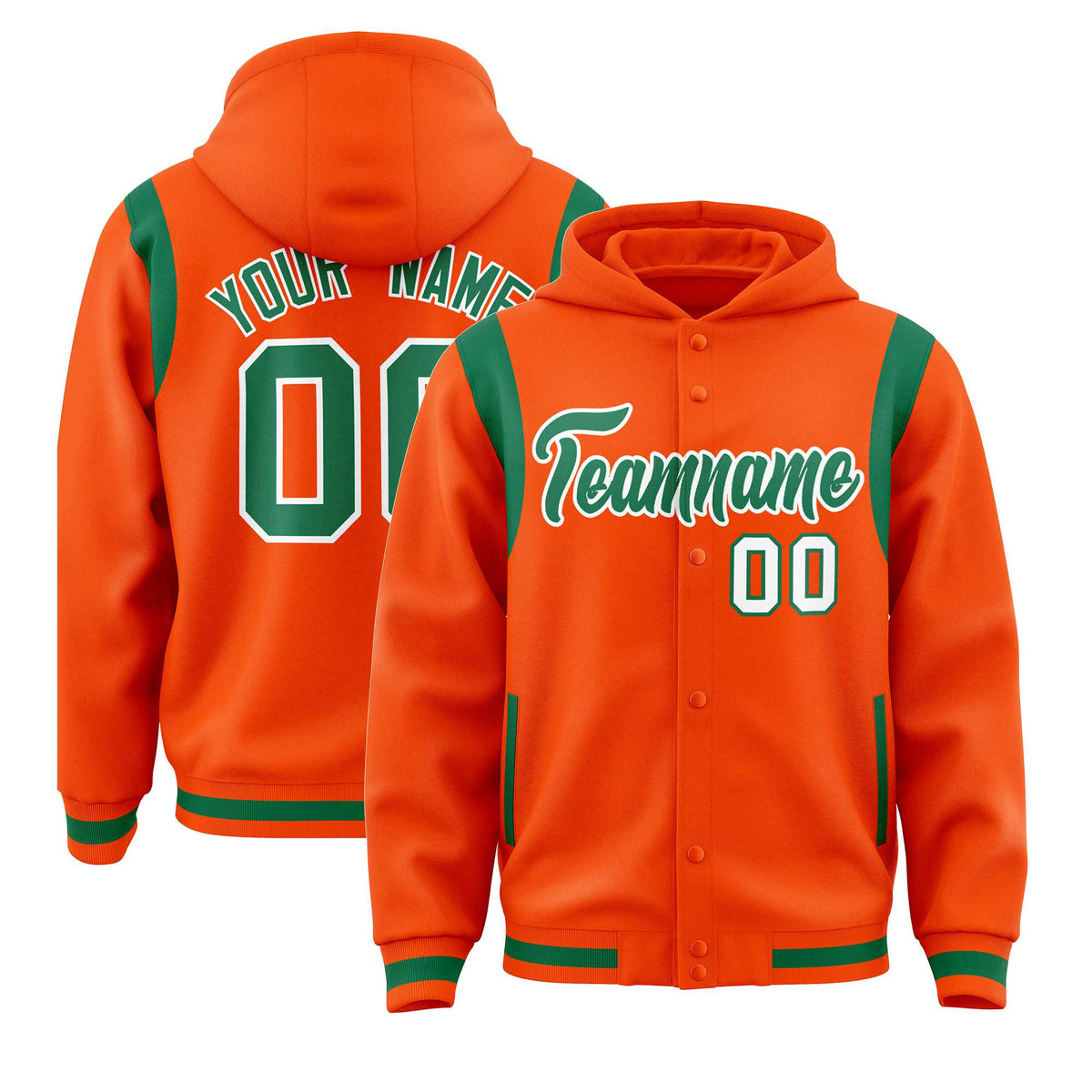 Custom Orange Kelly Green Varsity Full-Snap Letterman Shoulder Color Block Jacket Hoodie| KXKSHOP