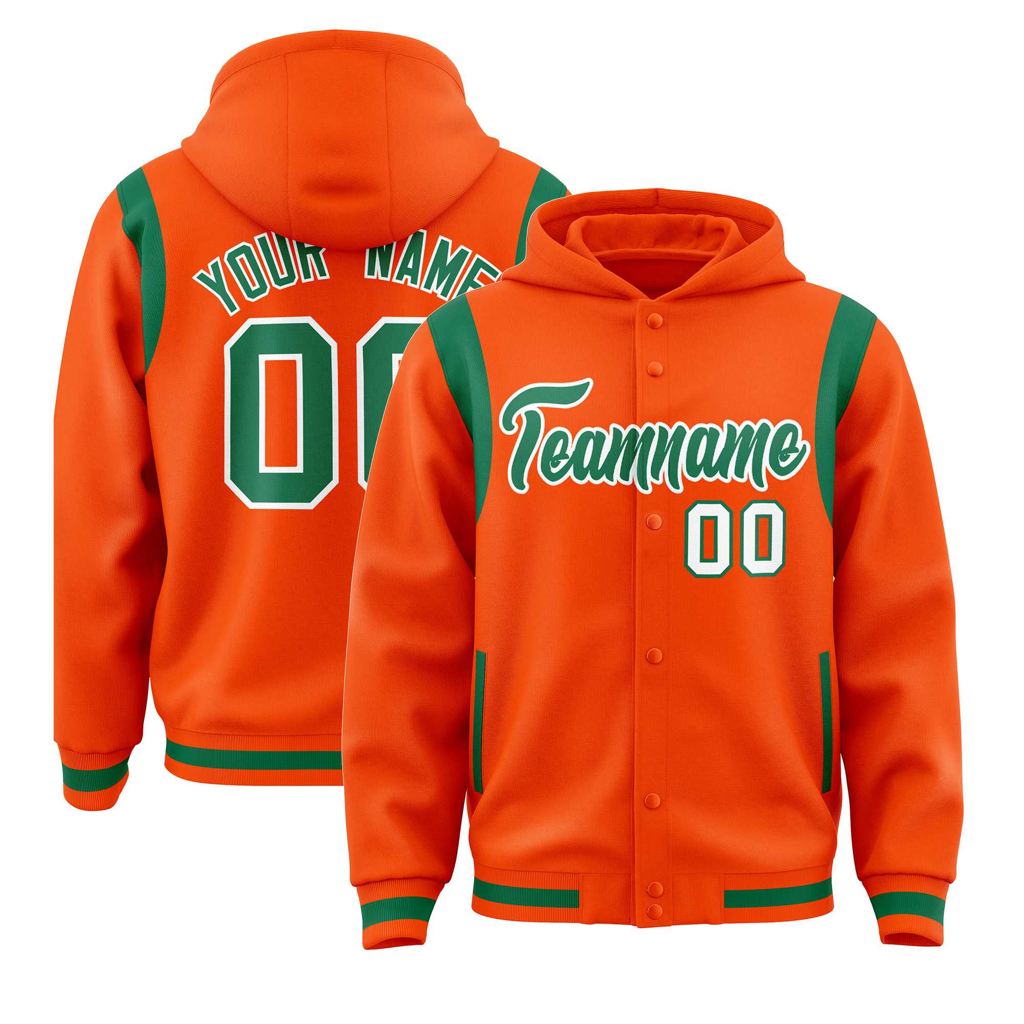 Custom Orange Kelly Green Varsity Full-Snap Letterman Shoulder Color Block Jacket Hoodie| KXKSHOP