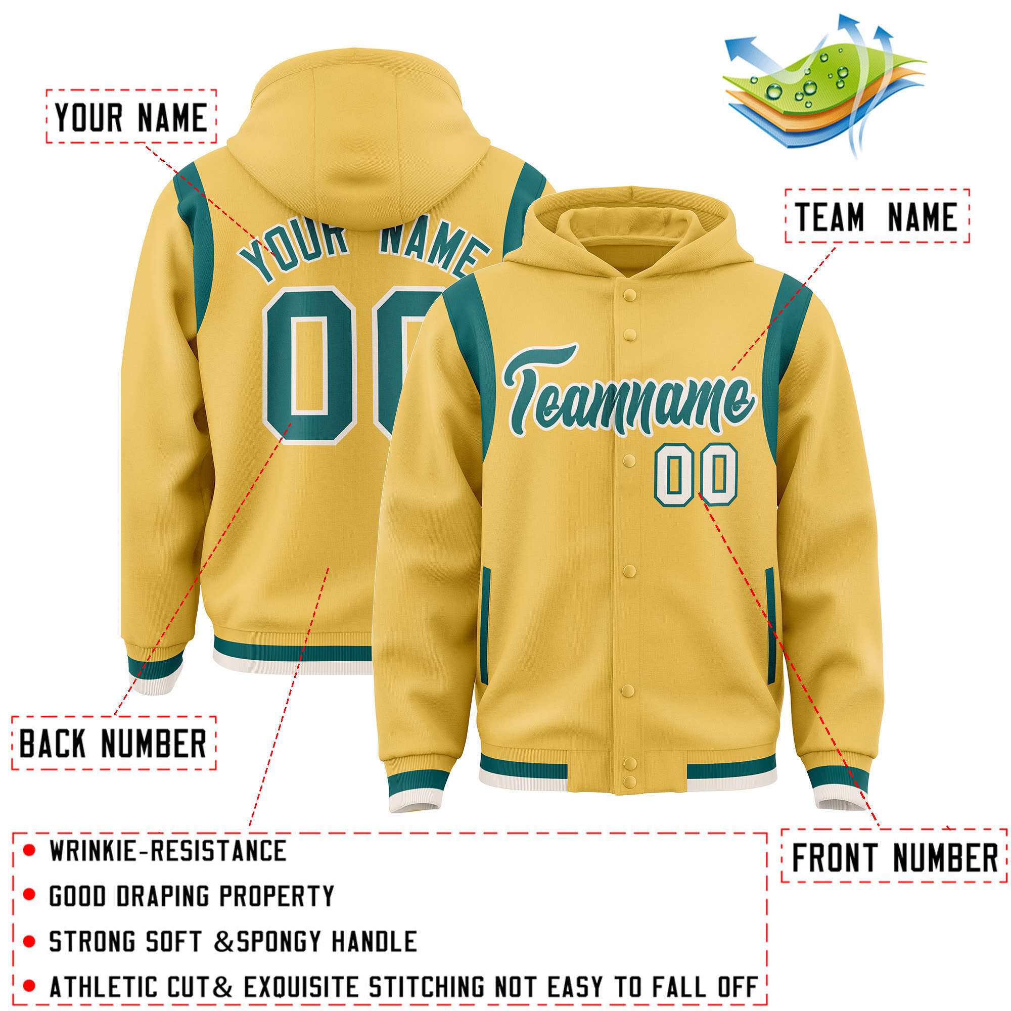 Custom Khaki Aqua Varsity Full-Snap Letterman Shoulder Color Block Jacket Hoodie| KXKSHOP