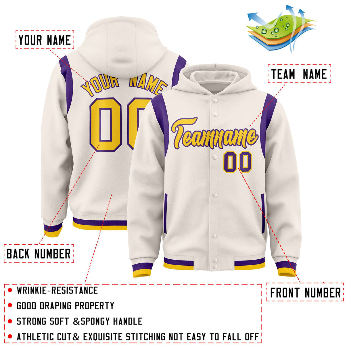 Custom Cream Gold Varsity Full-Snap Letterman Shoulder Color Block Jacket Hoodie| KXKSHOP