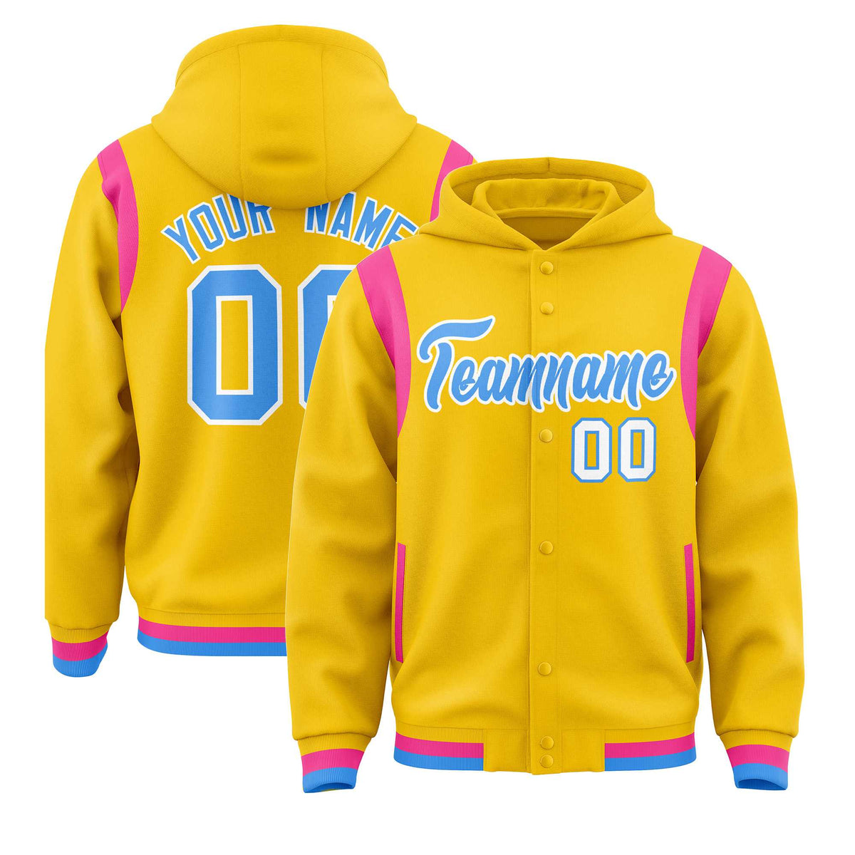Custom Gold Powder Blue Varsity Full-Snap Letterman Shoulder Color Block Jacket Hoodie| KXKSHOP