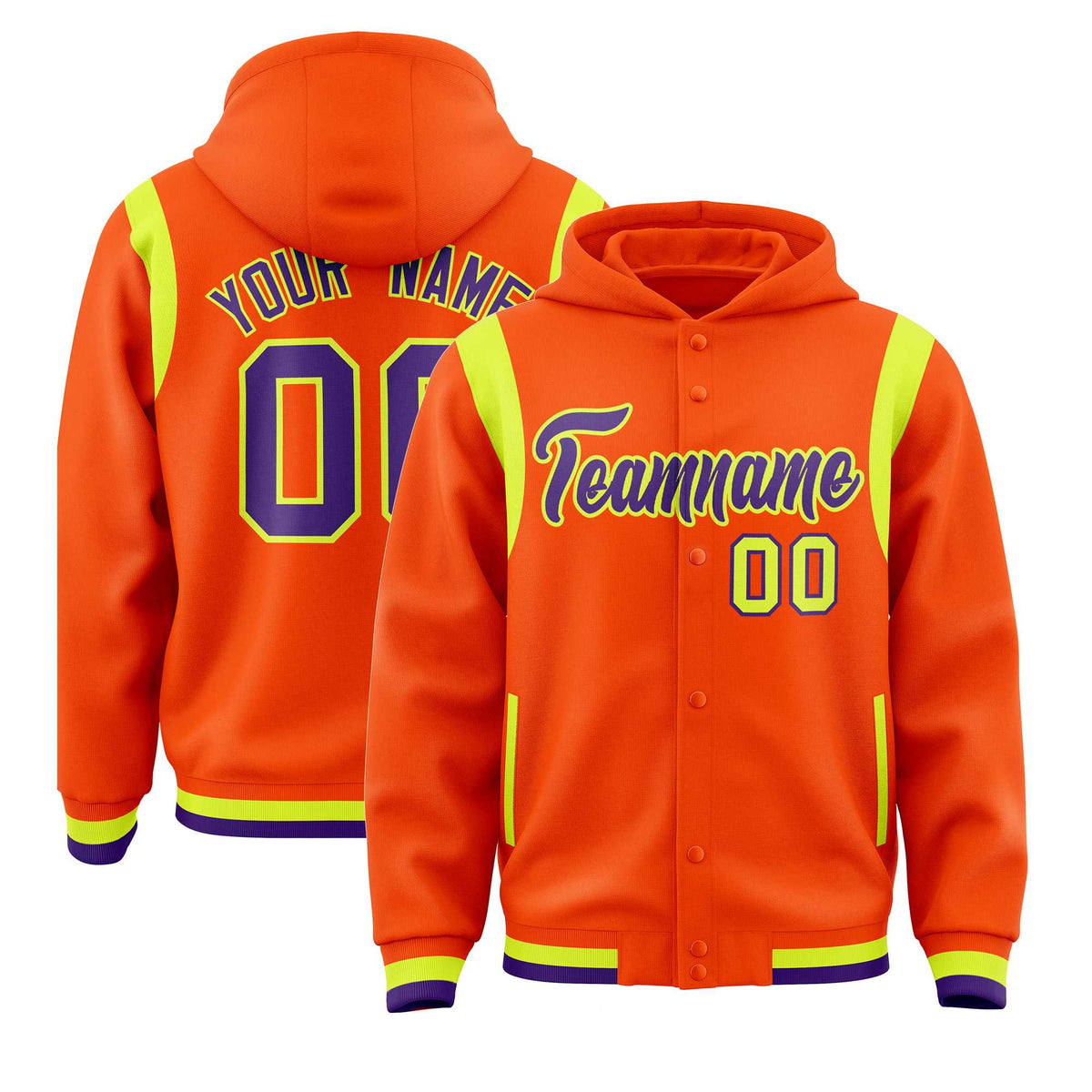 Custom Orange Purple Varsity Full-Snap Letterman Shoulder Color Block Jacket Hoodie| KXKSHOP