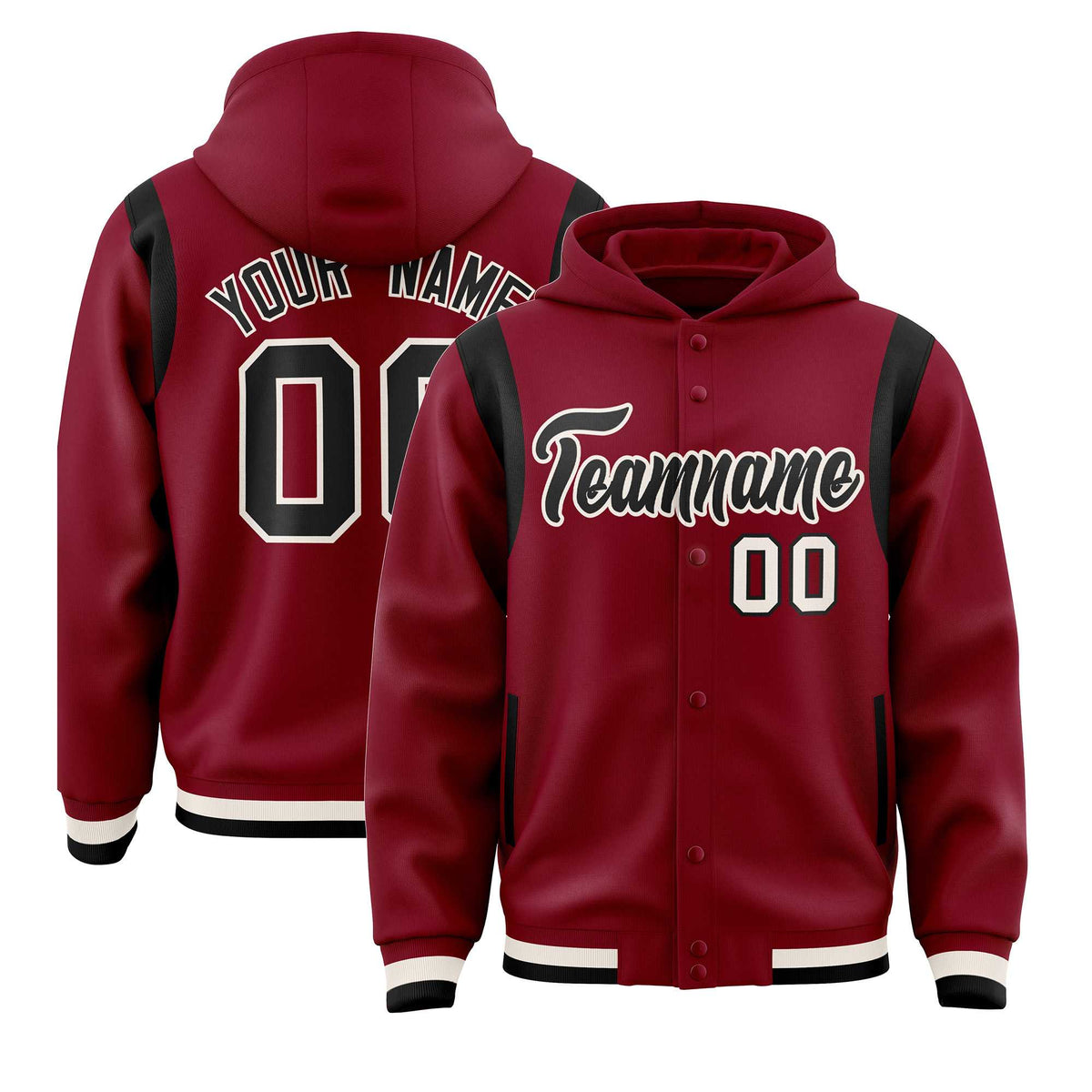 Custom Crimson Black Varsity Full-Snap Letterman Shoulder Color Block Jacket Hoodie| KXKSHOP