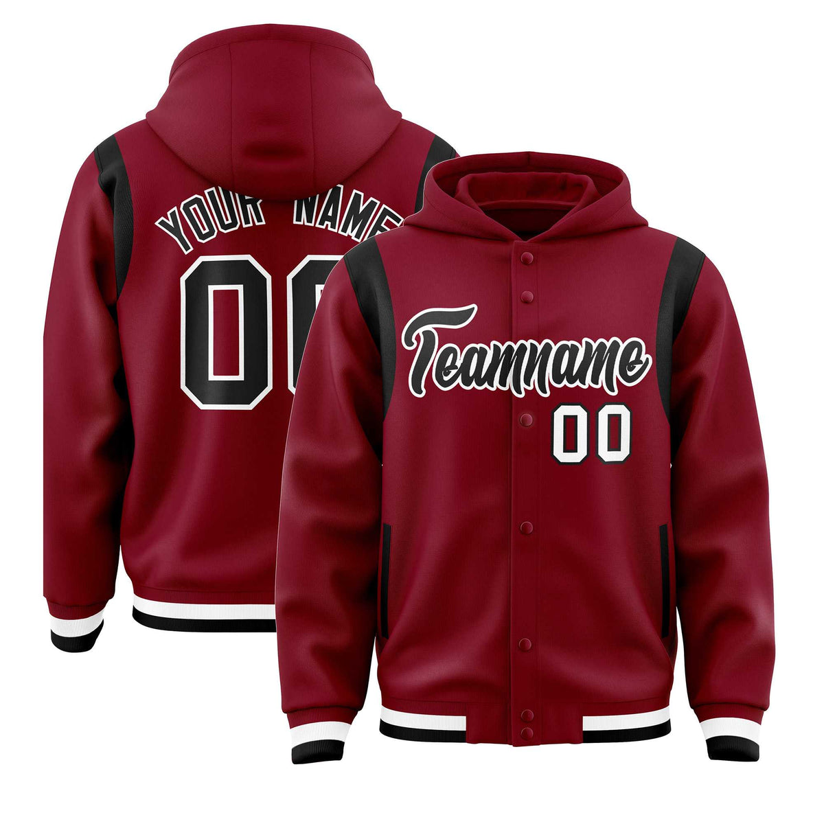 Custom Crimson Black Varsity Full-Snap Letterman Shoulder Color Block Jacket Hoodie| KXKSHOP