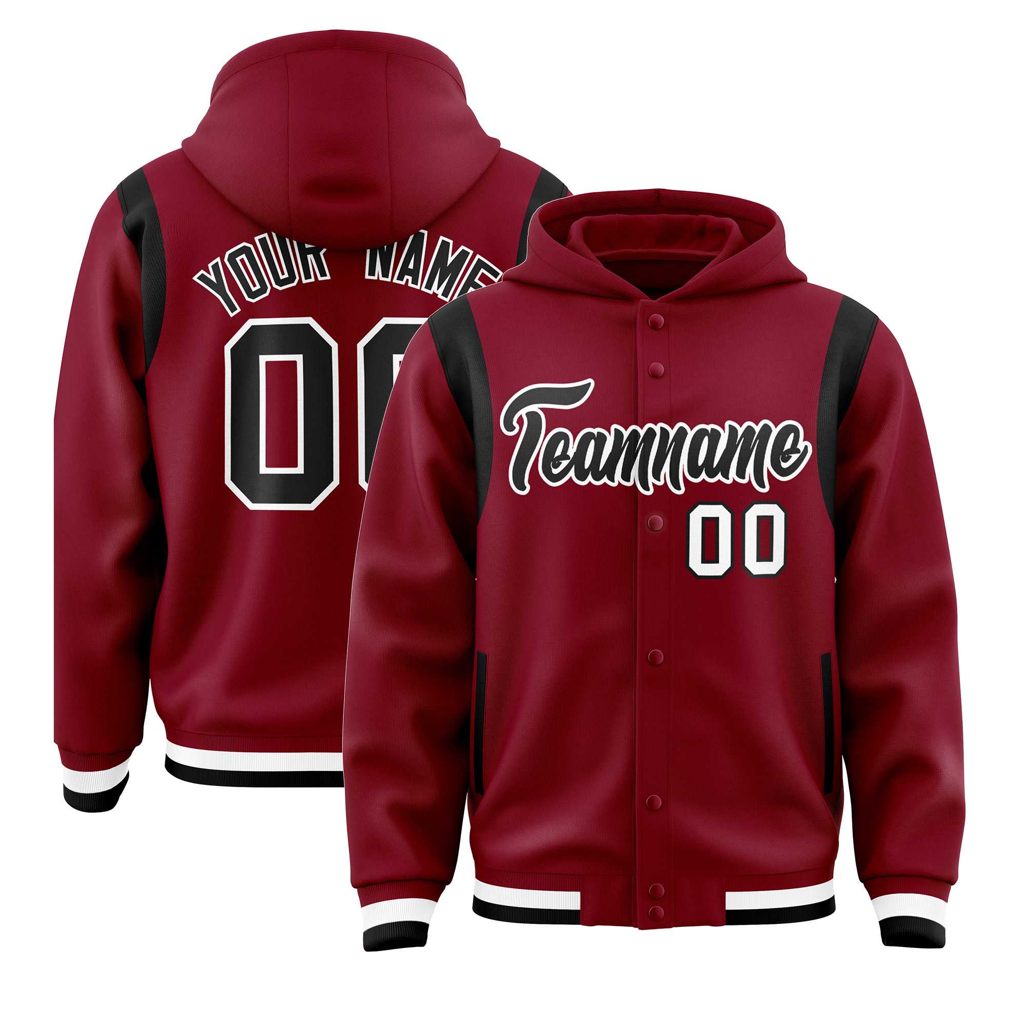 Custom Crimson Black Varsity Full-Snap Letterman Shoulder Color Block Jacket Hoodie| KXKSHOP