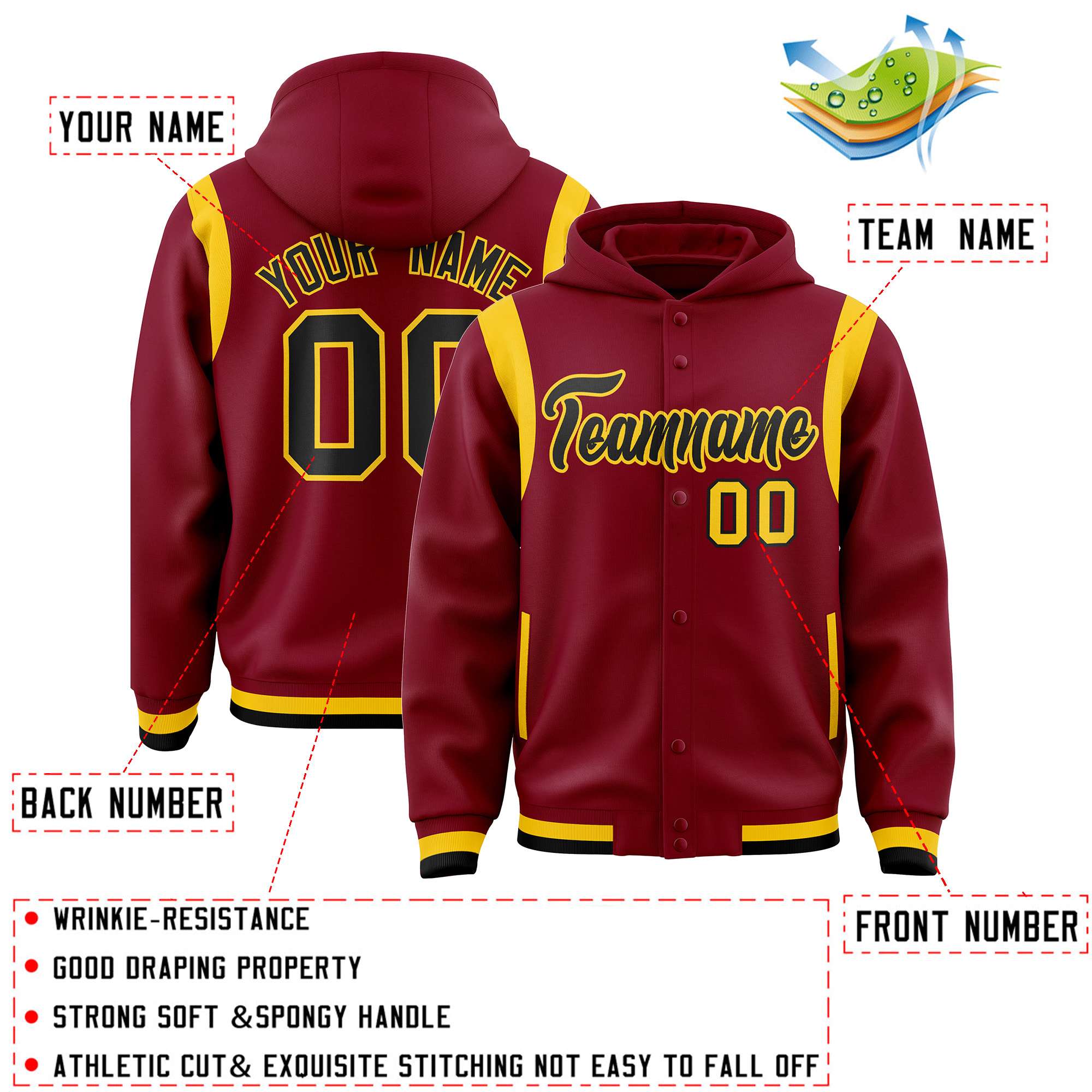 Custom Crimson Black Varsity Full-Snap Letterman Shoulder Color Block Jacket Hoodie| KXKSHOP