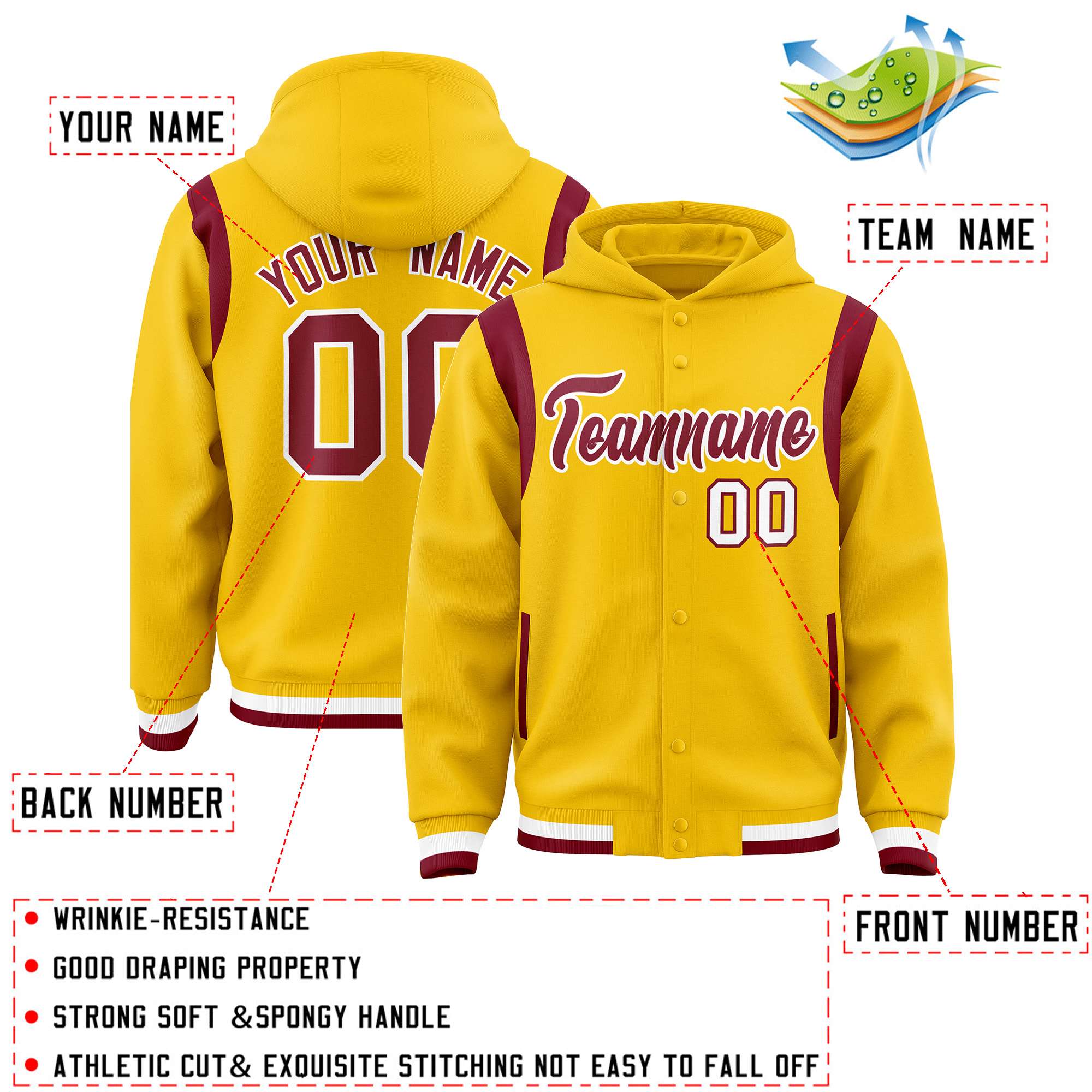 Custom Gold Crimson Varsity Full-Snap Letterman Shoulder Color Block Jacket Hoodie| KXKSHOP