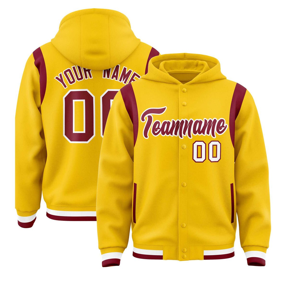 Custom Gold Crimson Varsity Full-Snap Letterman Shoulder Color Block Jacket Hoodie| KXKSHOP