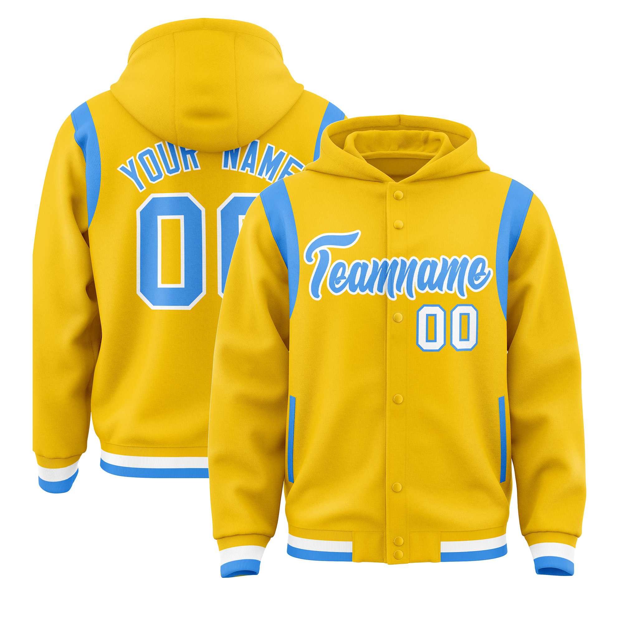 Custom Gold Powder Blue Varsity Full-Snap Letterman Shoulder Color Block Jacket Hoodie| KXKSHOP
