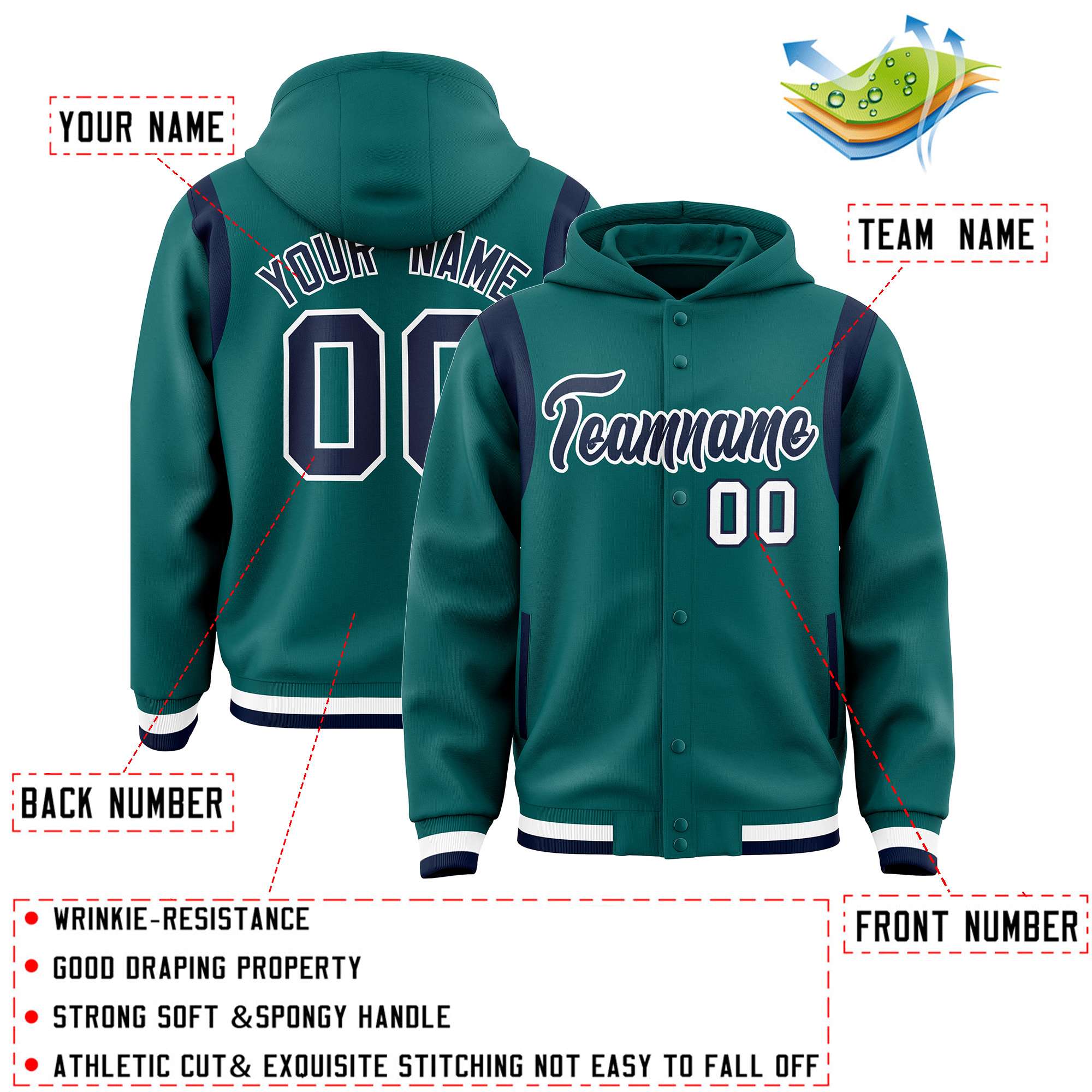 Custom Aqua Navy Varsity Full-Snap Letterman Shoulder Color Block Jacket Hoodie| KXKSHOP