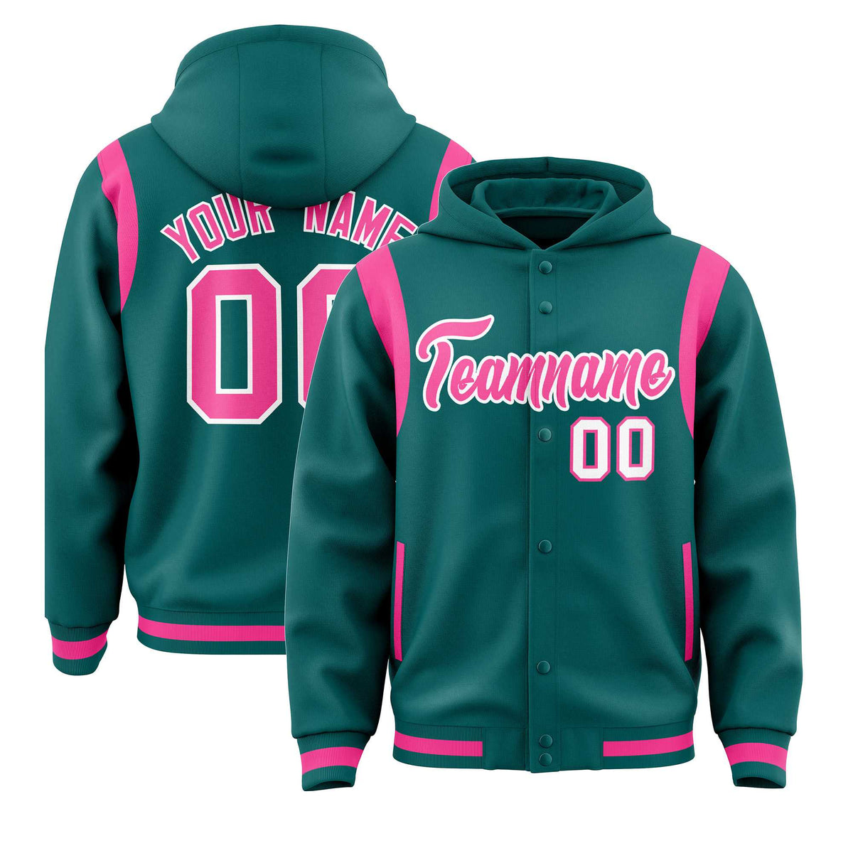Custom Aqua Pink Varsity Full-Snap Letterman Shoulder Color Block Jacket Hoodie| KXKSHOP