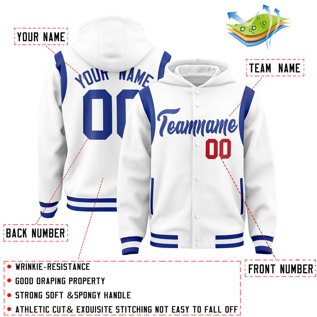 Custom White Royal Varsity Full-Snap Letterman Shoulder Color Block Jacket Hoodie| KXKSHOP