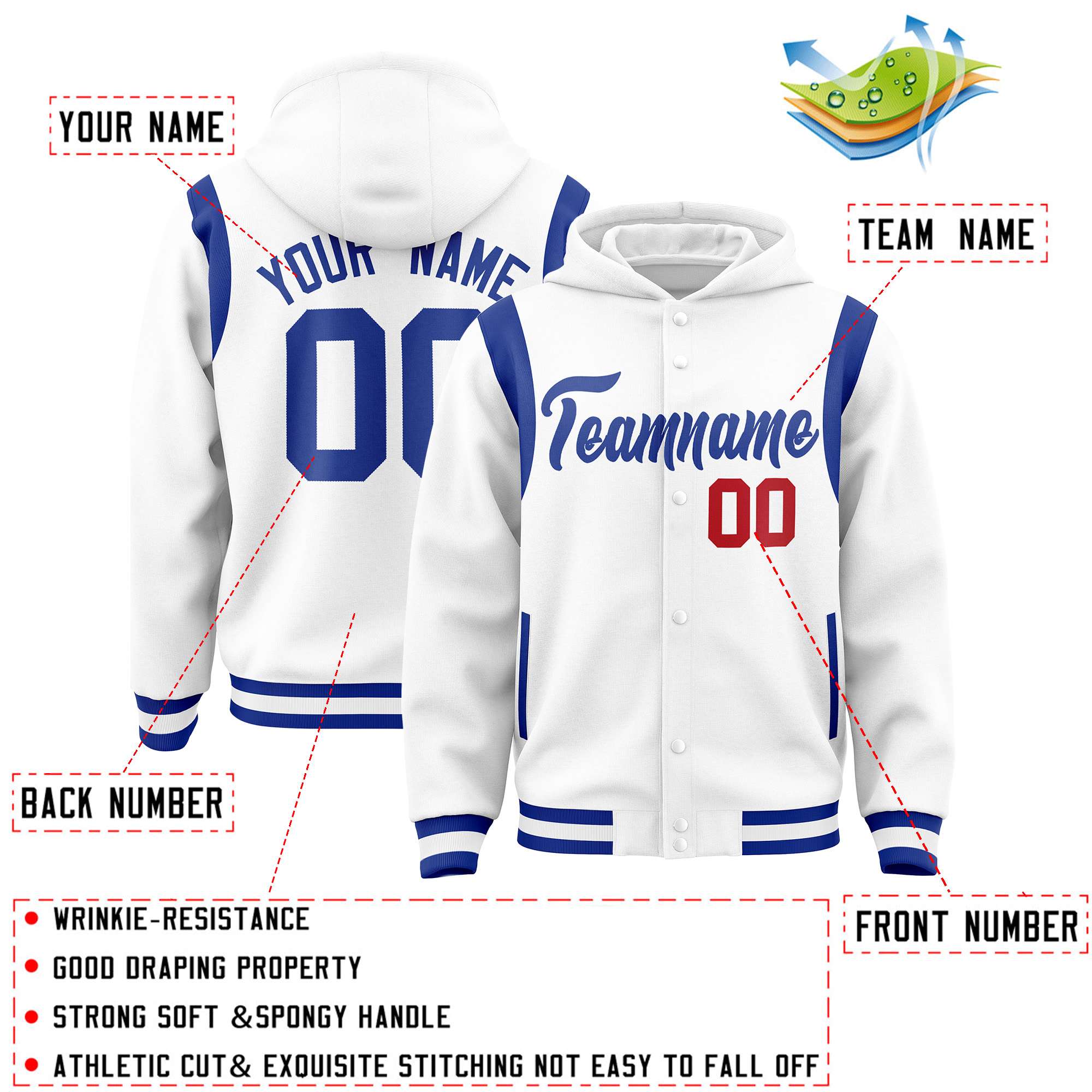 Custom White Royal Varsity Full-Snap Letterman Shoulder Color Block Jacket Hoodie| KXKSHOP