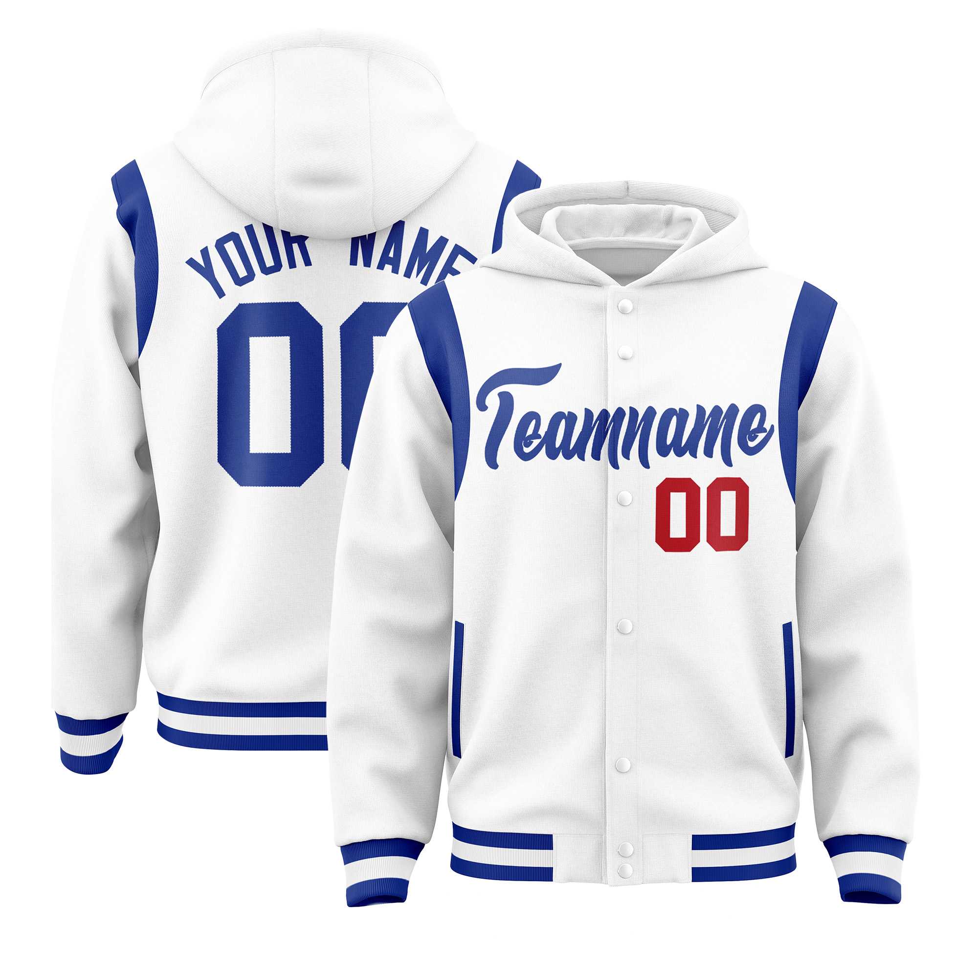 Custom White Royal Varsity Full-Snap Letterman Shoulder Color Block Jacket Hoodie| KXKSHOP