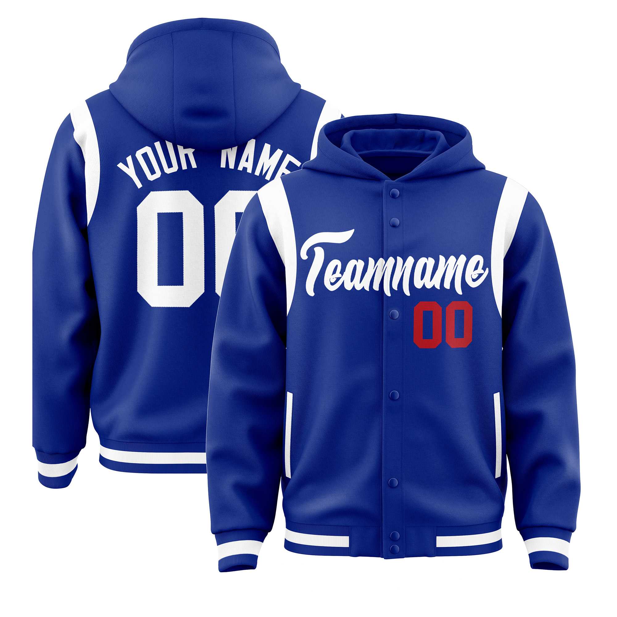 Custom Royal White Varsity Full-Snap Letterman Shoulder Color Block Jacket Hoodie| KXKSHOP