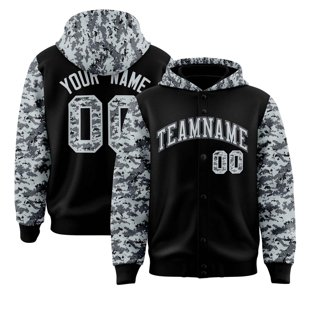 Custom Black Silver-Gray Raglan Sleeves Varsity Full-Snap Letterman Camo Jacket Hoodie| KXKSHOP