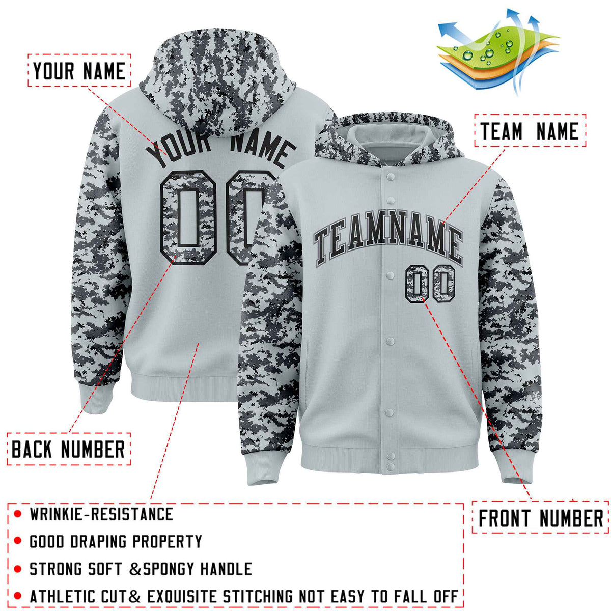 Custom Silver Gray-Black Raglan Sleeves Varsity Full-Snap Letterman Camo Jacket Hoodie| KXKSHOP