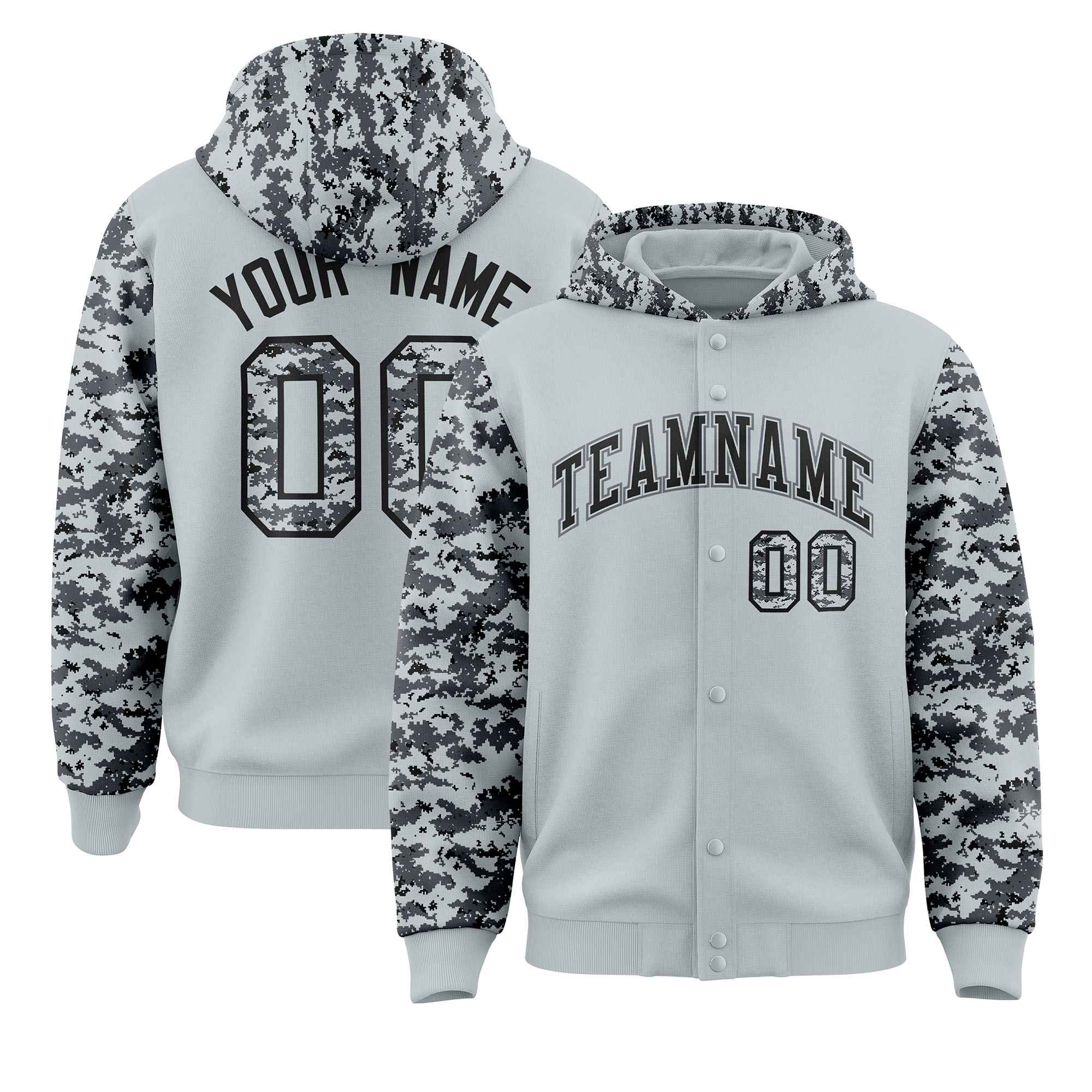 Custom Silver Gray-Black Raglan Sleeves Varsity Full-Snap Letterman Camo Jacket Hoodie| KXKSHOP