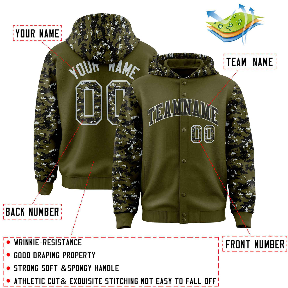 Custom Olive Black-Silver Raglan Sleeves Varsity Full-Snap Letterman Camo Jacket Hoodie| KXKSHOP
