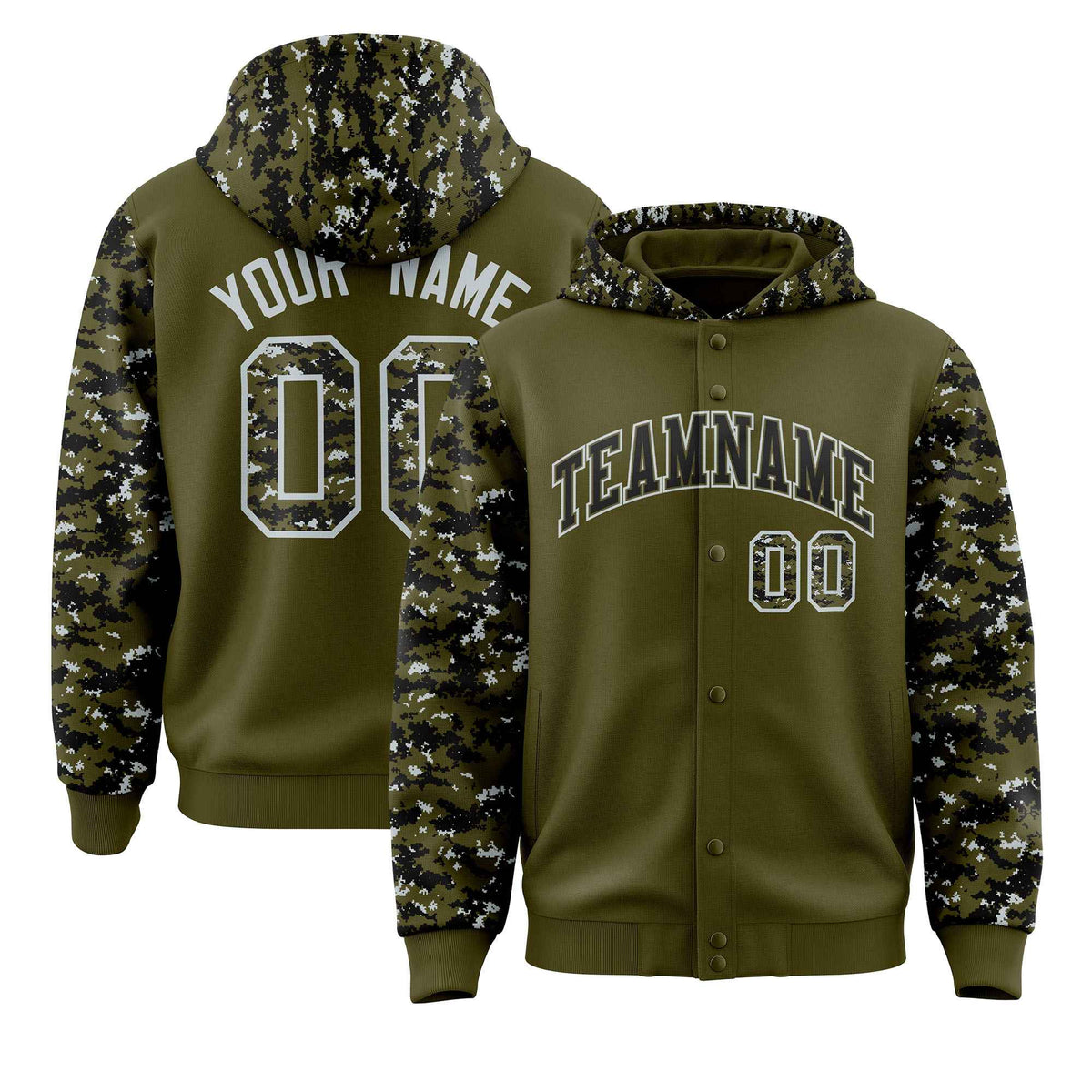Custom Olive Black-Silver Raglan Sleeves Varsity Full-Snap Letterman Camo Jacket Hoodie| KXKSHOP