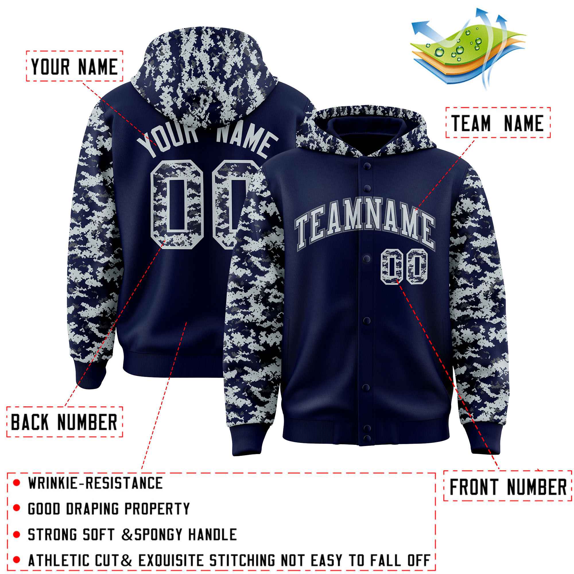 Custom Navy Silver-Gray Raglan Sleeves Varsity Full-Snap Letterman Camo Jacket Hoodie| KXKSHOP