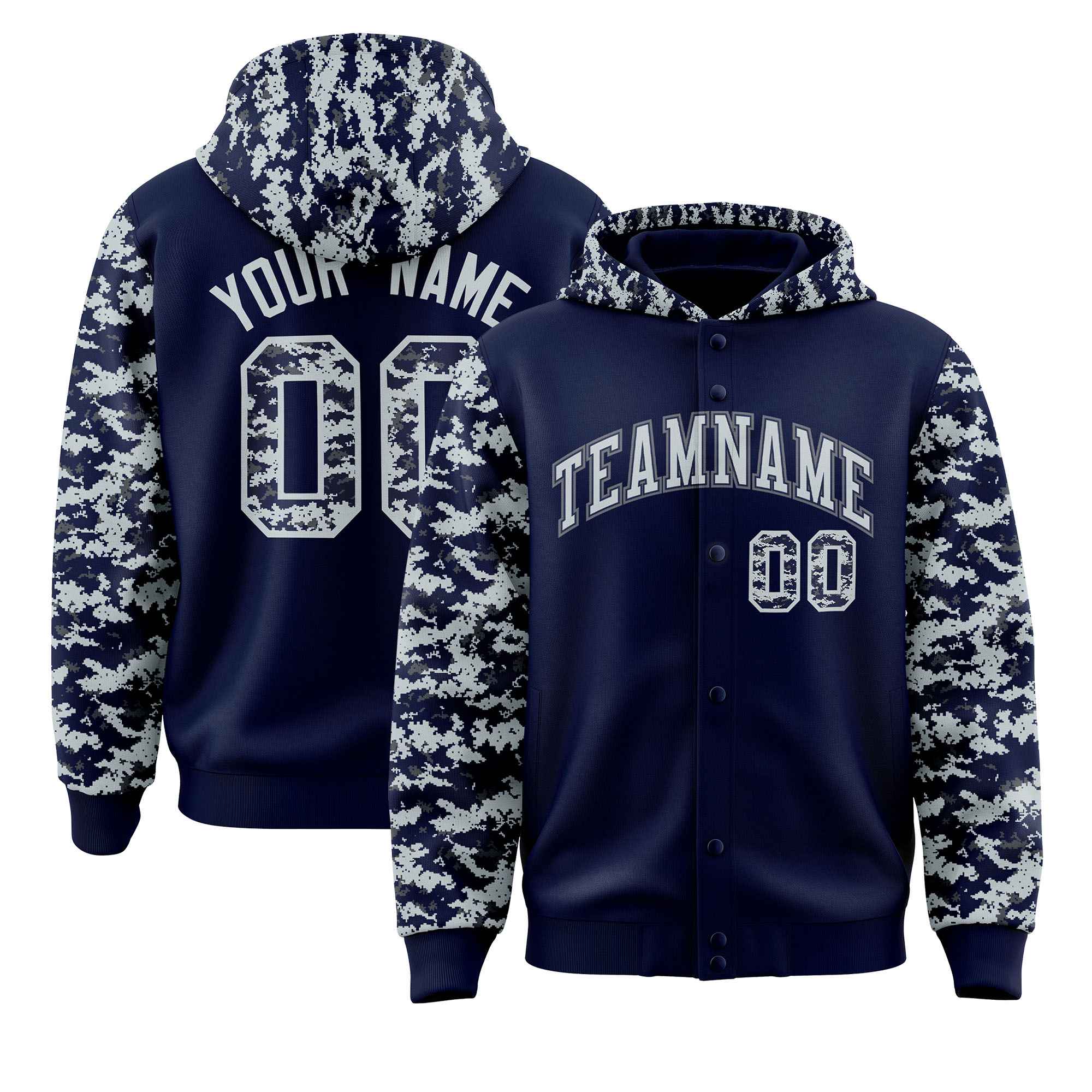 Custom Navy Silver-Gray Raglan Sleeves Varsity Full-Snap Letterman Camo Jacket Hoodie| KXKSHOP
