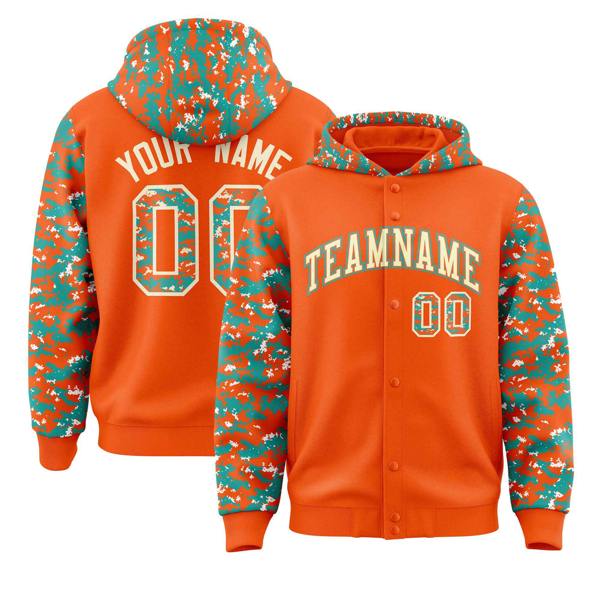 Custom Orange Aqua-Cream Raglan Sleeves Varsity Full-Snap Letterman Camo Jacket Hoodie| KXKSHOP