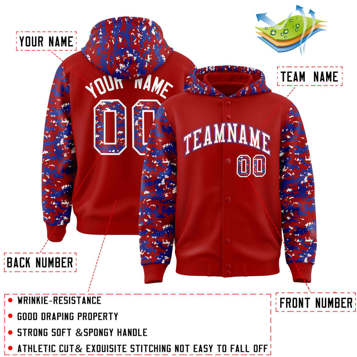 Custom Red Royal-White Raglan Sleeves Varsity Full-Snap Letterman Camo Jacket Hoodie| KXKSHOP