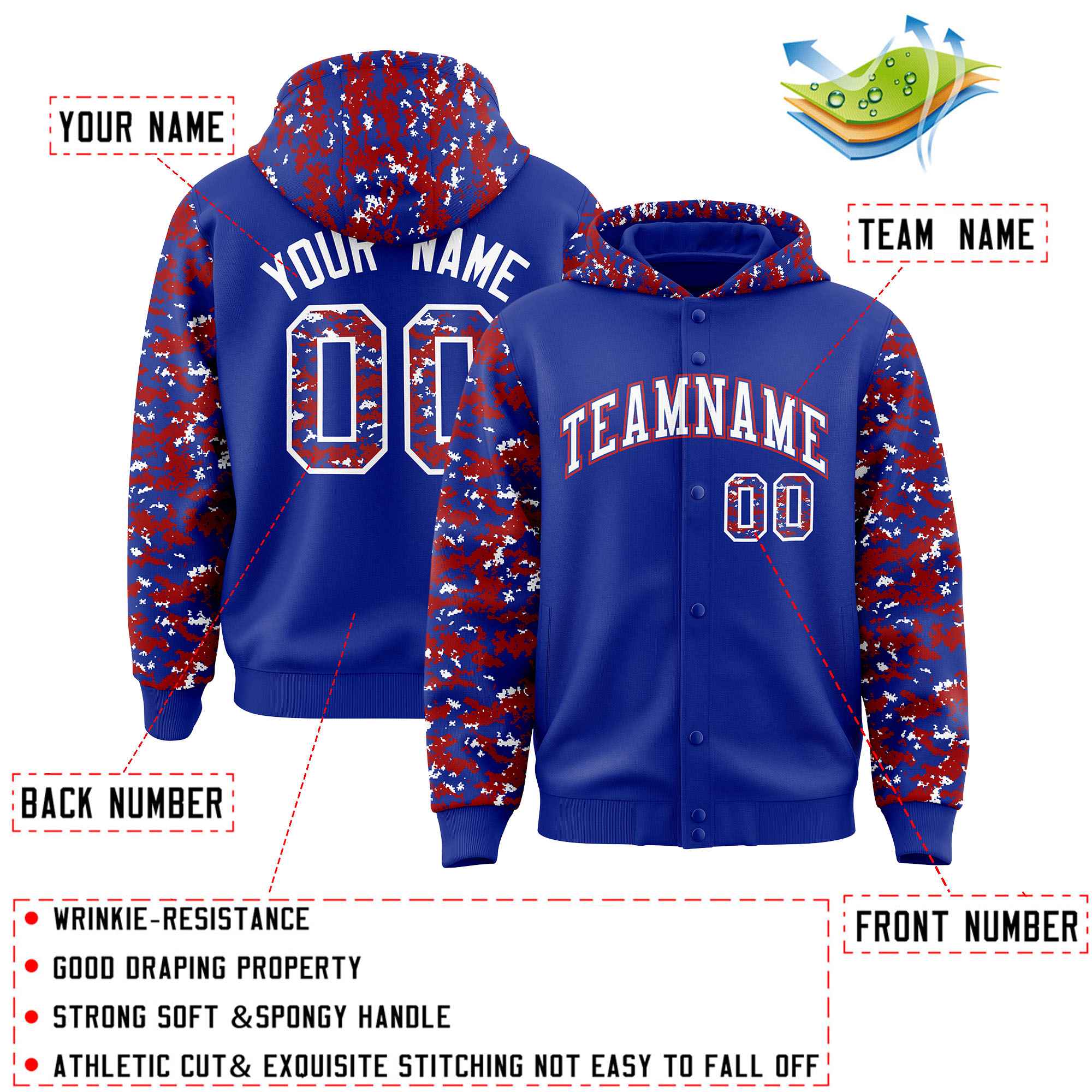 Custom Royal Red-White Raglan Sleeves Varsity Full-Snap Letterman Camo Jacket Hoodie| KXKSHOP