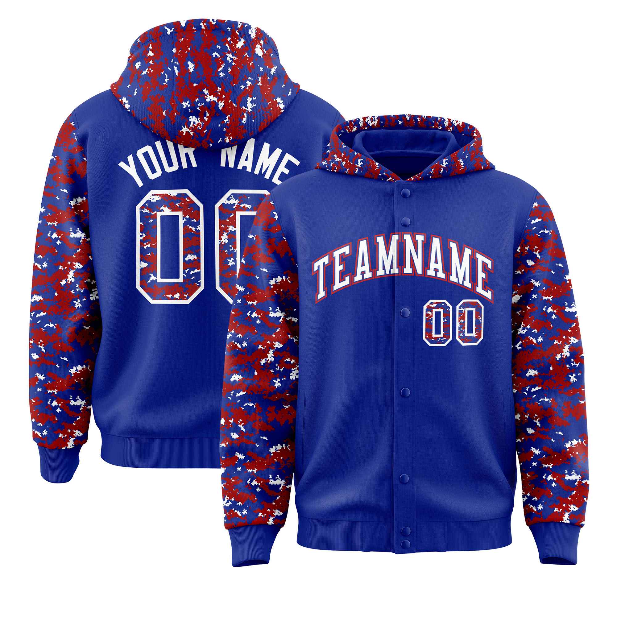 Custom Royal Red-White Raglan Sleeves Varsity Full-Snap Letterman Camo Jacket Hoodie| KXKSHOP