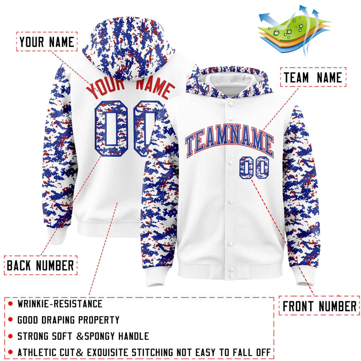 Custom White Royal-Red Raglan Sleeves Varsity Full-Snap Letterman Camo Jacket Hoodie| KXKSHOP