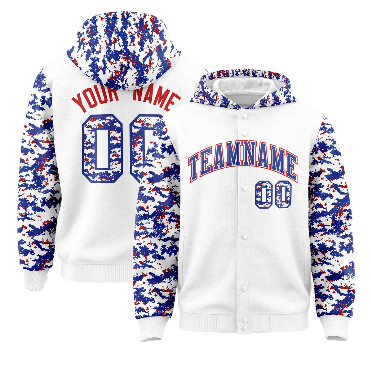 Custom White Royal-Red Raglan Sleeves Varsity Full-Snap Letterman Camo Jacket Hoodie| KXKSHOP