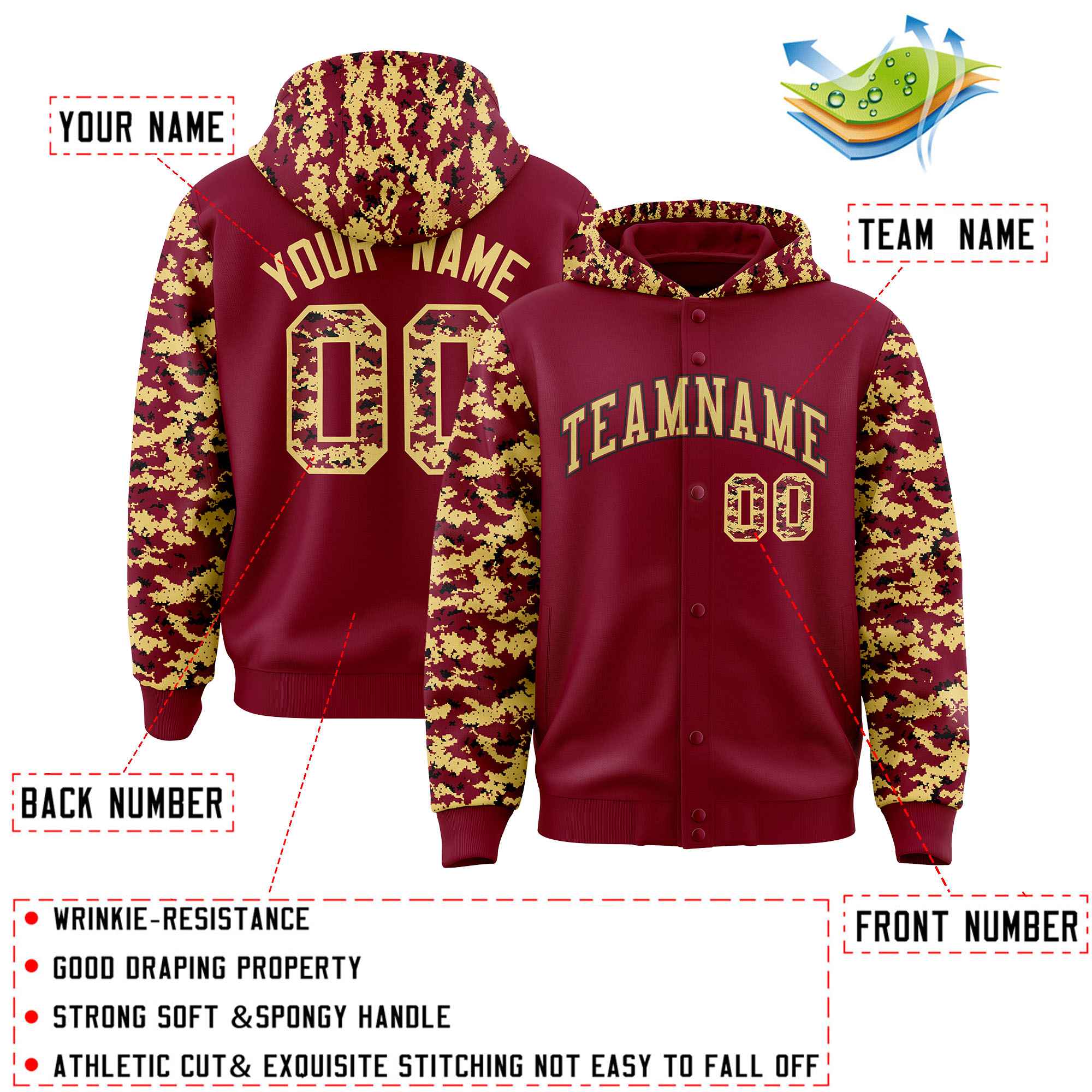 Custom Crimson Khaki-Black Raglan Sleeves Varsity Full-Snap Letterman Camo Jacket Hoodie| KXKSHOP