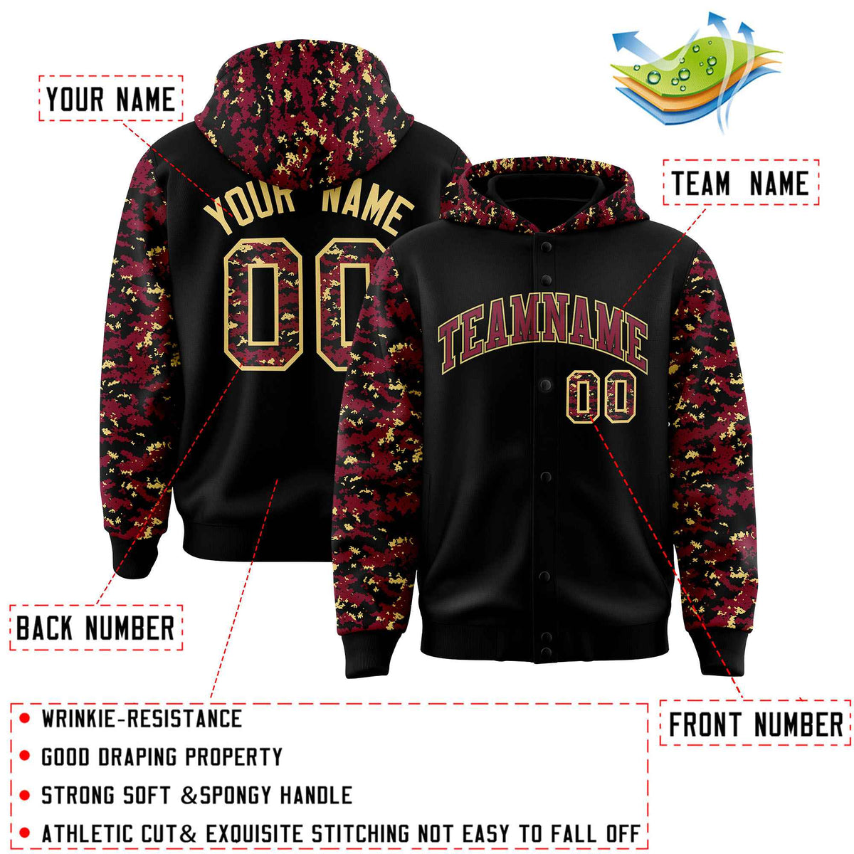 Custom Black Crimson-Khaki Raglan Sleeves Varsity Full-Snap Letterman Camo Jacket Hoodie| KXKSHOP